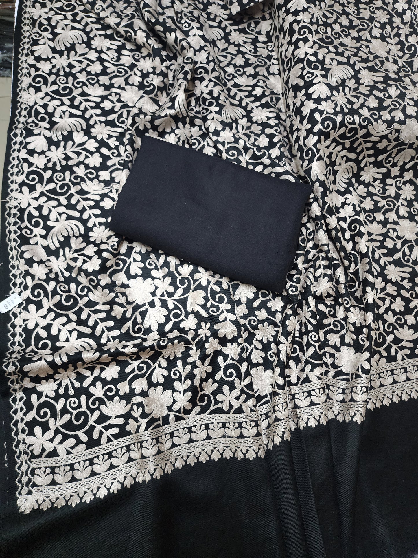 Pashmina 3 Piece Suit | Embroidered Shawl with Plain Suit Marina | Black Skin