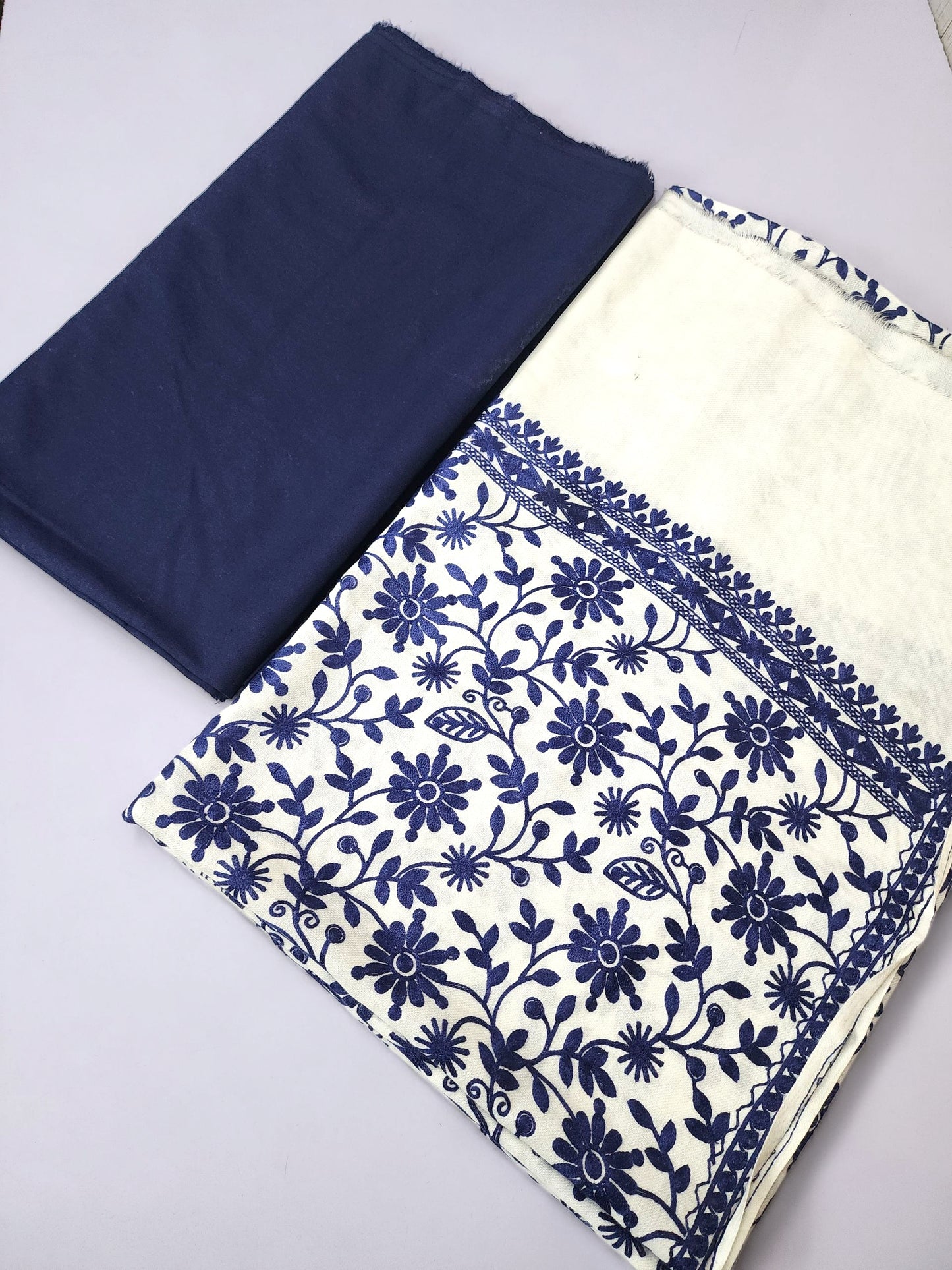 Pashmina 3 Piece Suit | Embroidered Shawl with Plain Suit Marina | Blue