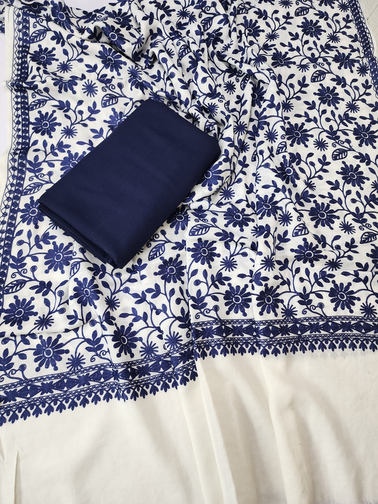 Pashmina 3 Piece Suit | Embroidered Shawl with Plain Suit Marina | Blue