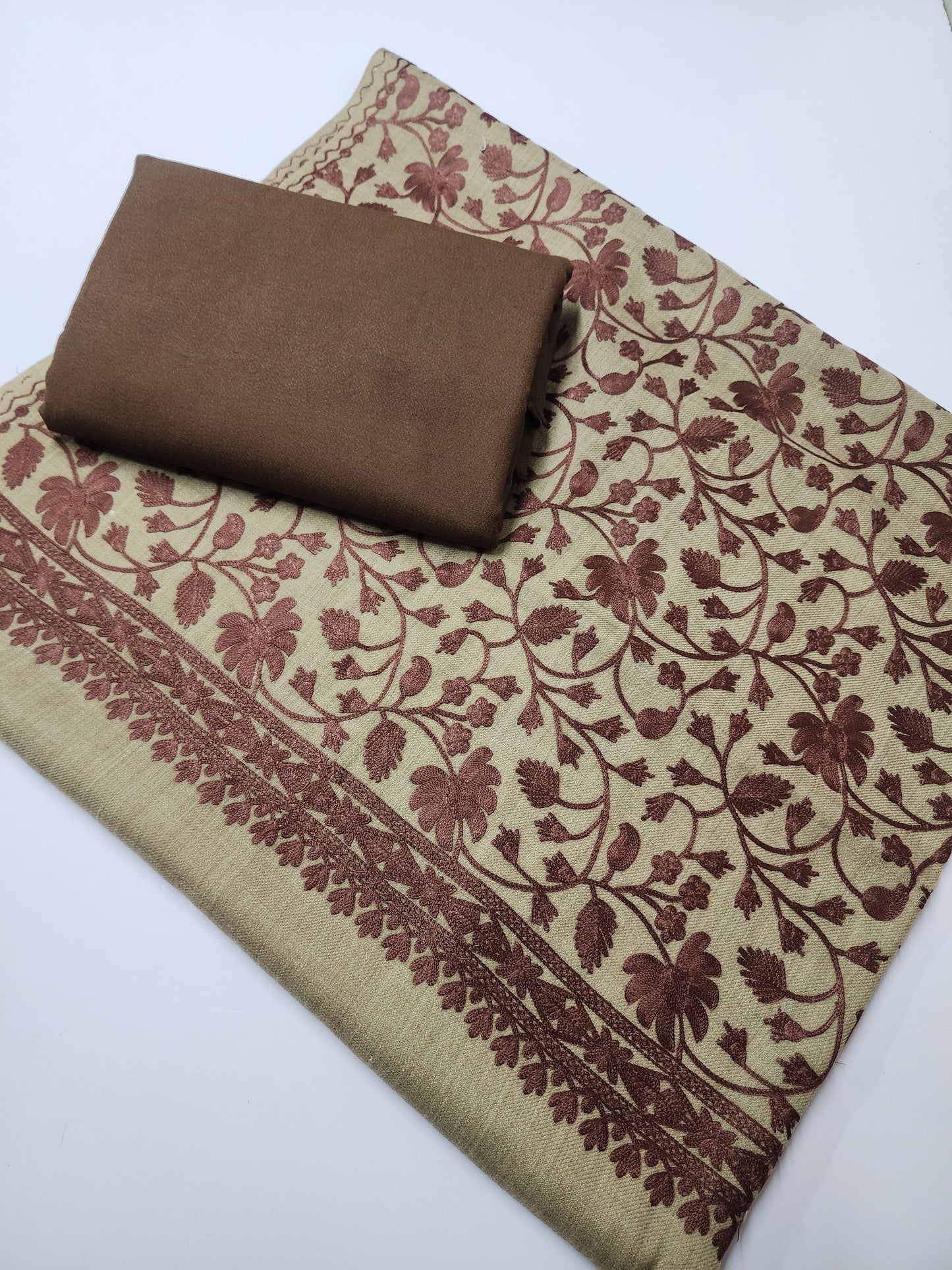 Pashmina 3 Piece Suit | Embroidered Shawl with Plain Suit Marina | Skin With Brown