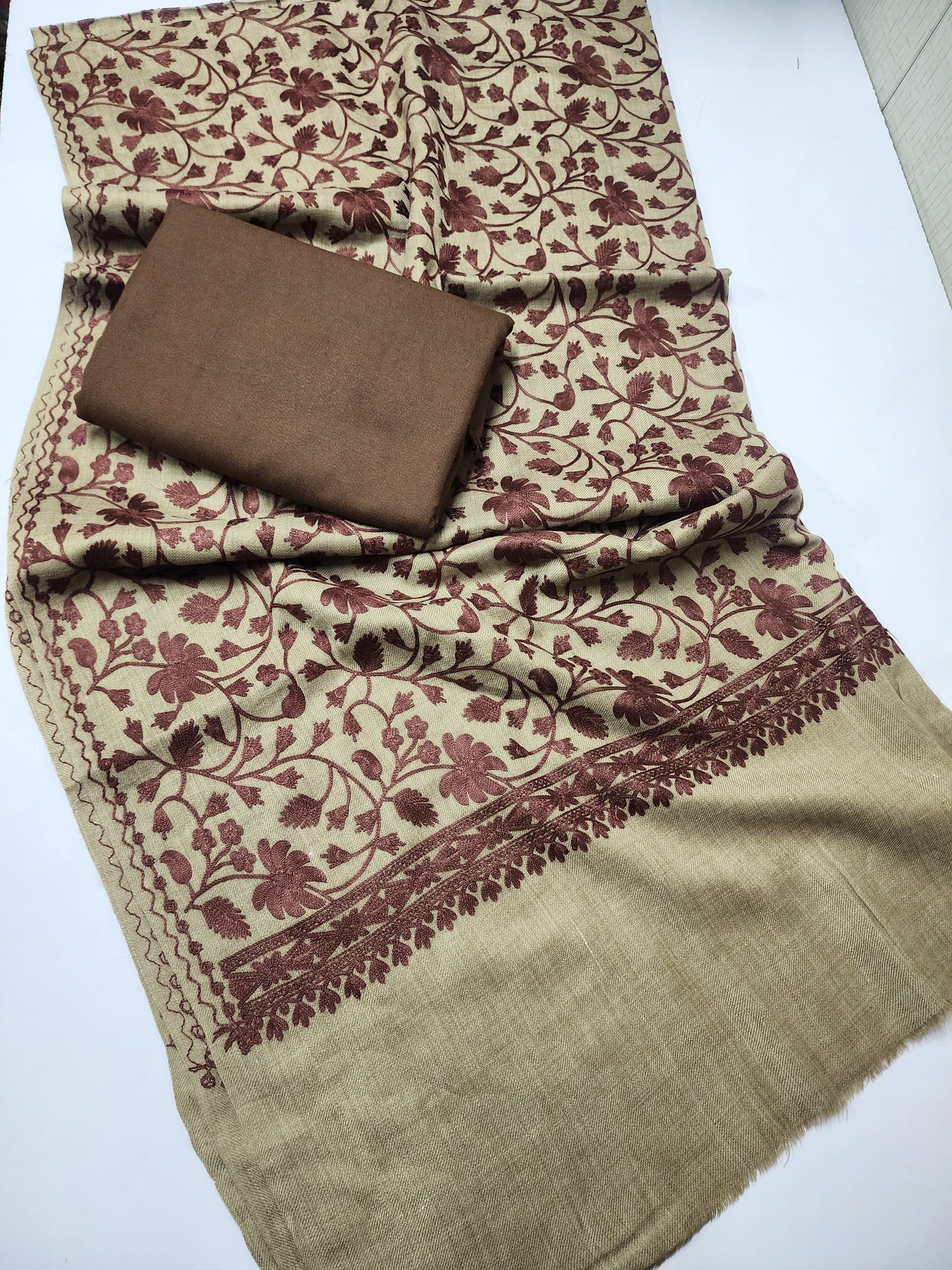 Pashmina 3 Piece Suit | Embroidered Shawl with Plain Suit Marina | Skin With Brown