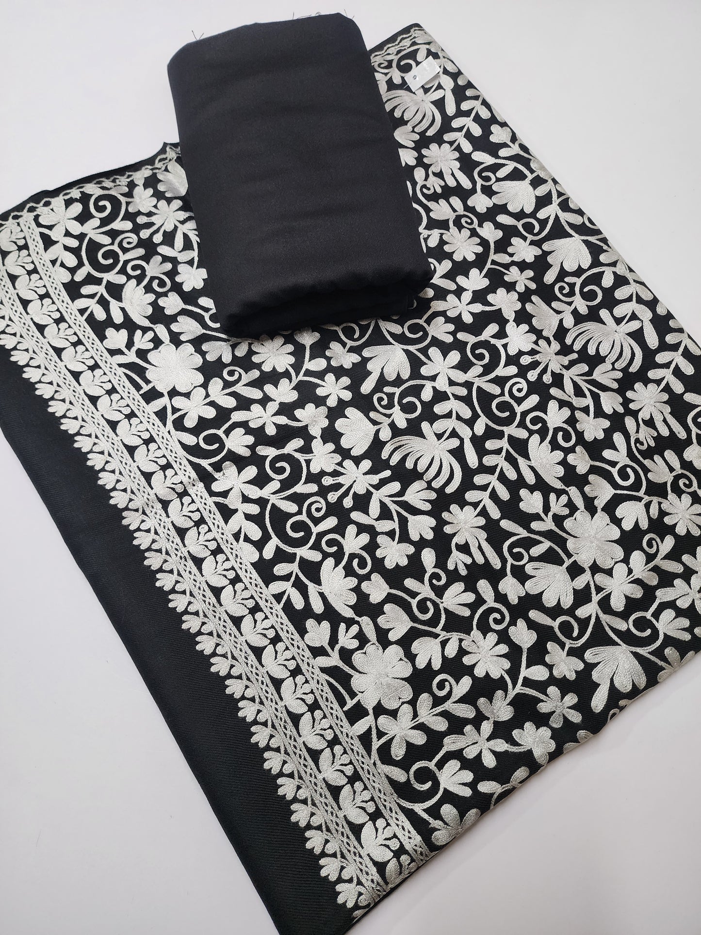 Pashmina 3 Piece Suit | Embroidered Shawl with Plain Suit Marina | Black