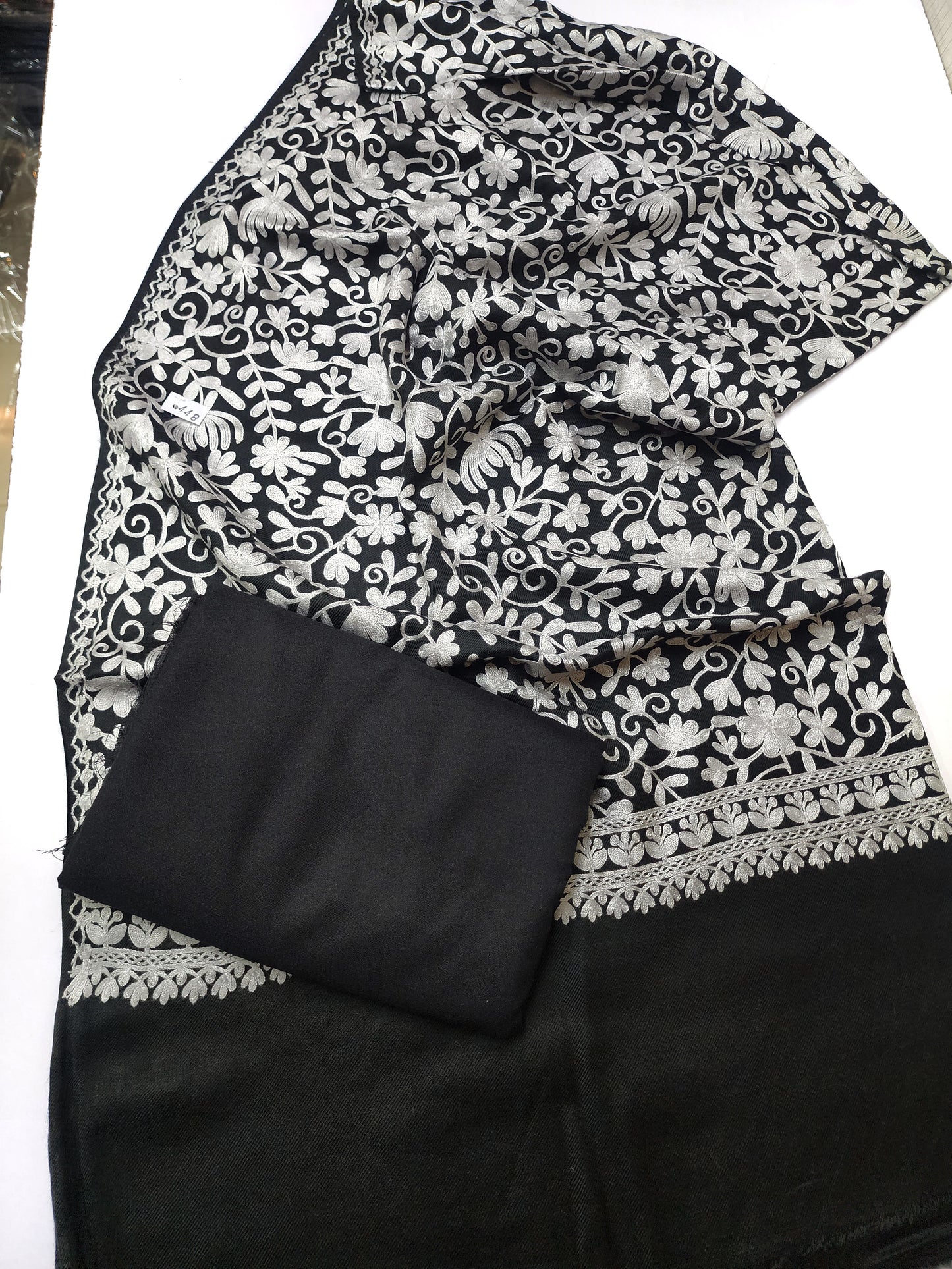 Pashmina 3 Piece Suit | Embroidered Shawl with Plain Suit Marina | Black