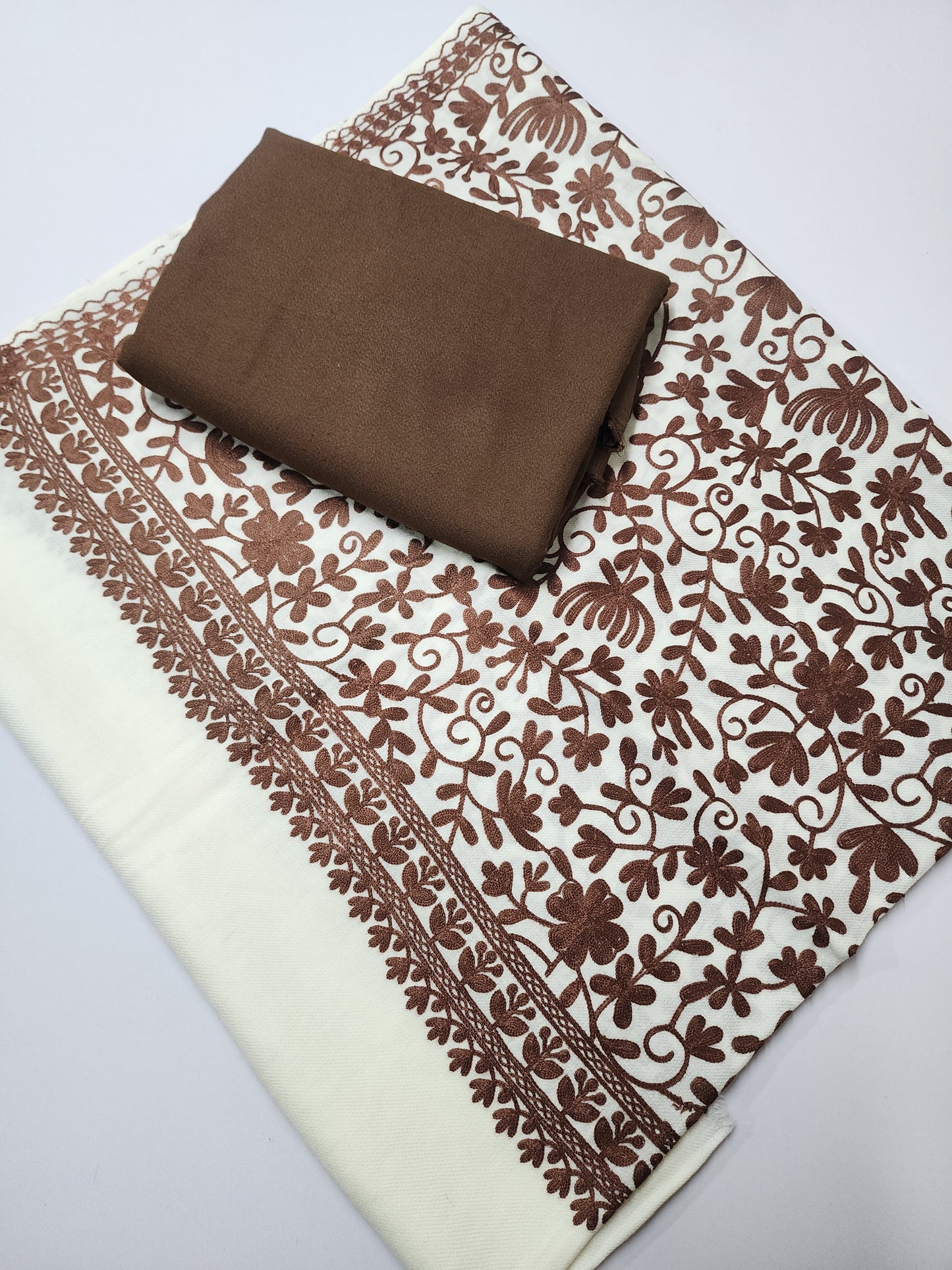 Pashmina 3 Piece Suit | Embroidered Shawl with Plain Suit Marina | Brown