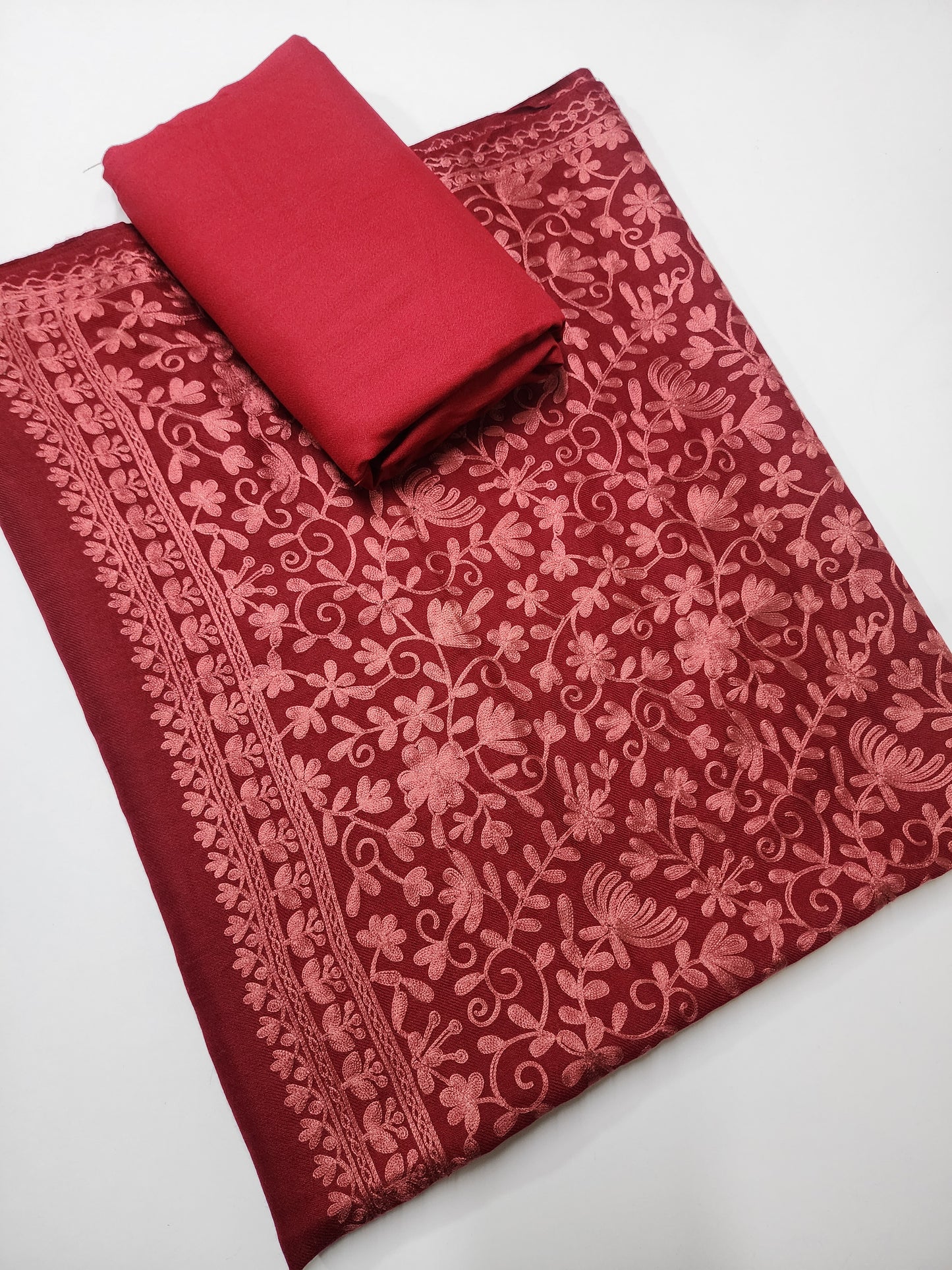 Pashmina 3 Piece Suit | Embroidered Shawl with Plain Suit Marina | Maroon