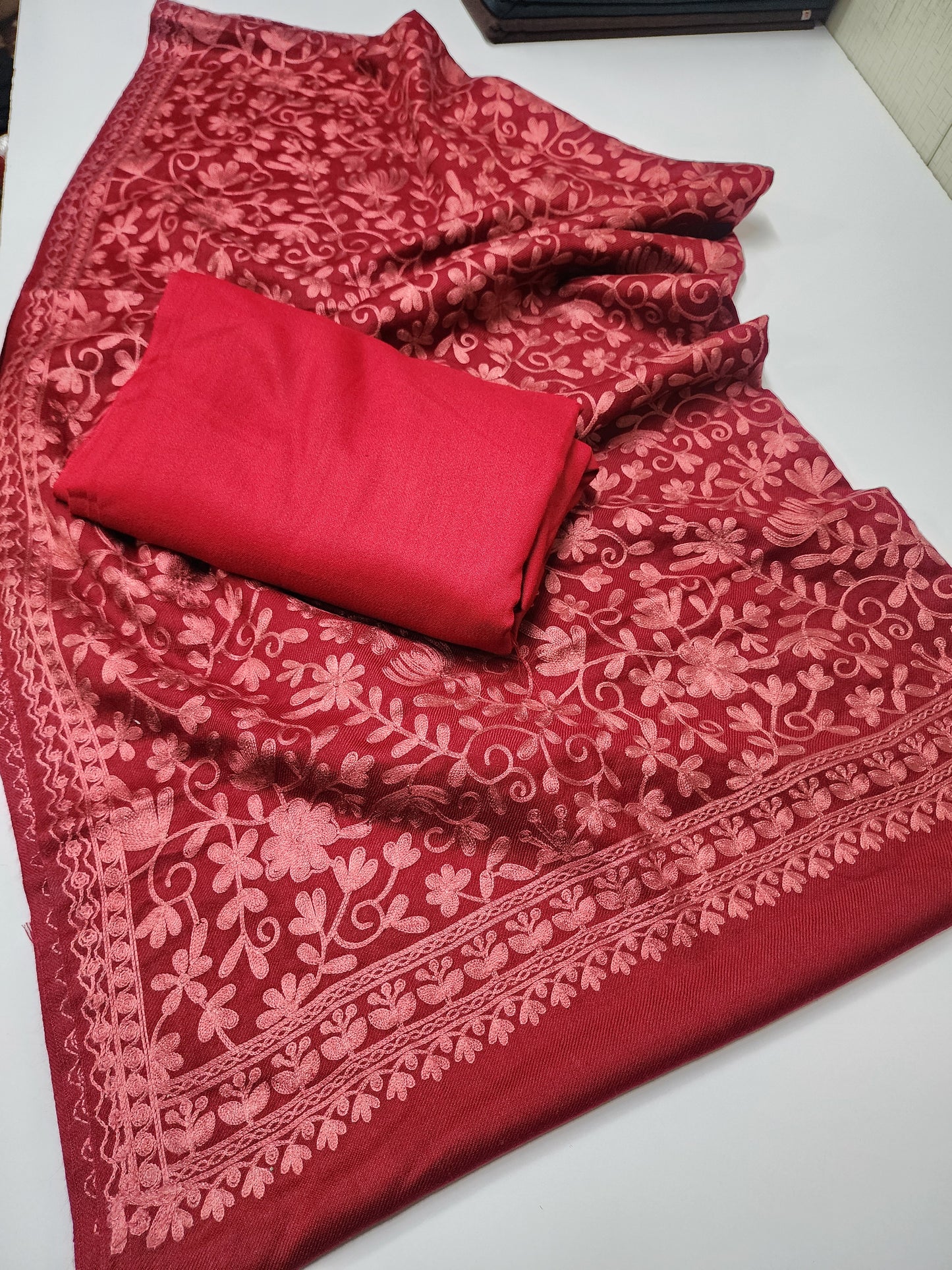 Pashmina 3 Piece Suit | Embroidered Shawl with Plain Suit Marina | Maroon