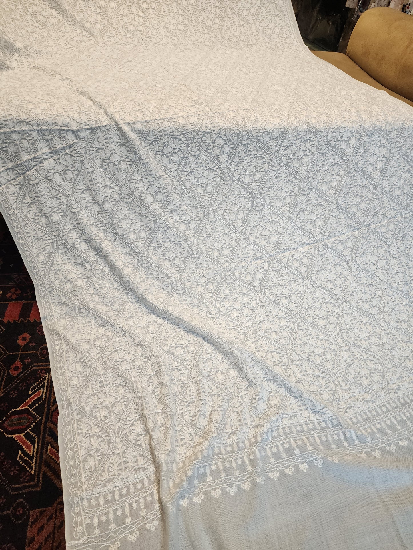 Pashmina Embroidered Shawl | Kashmiri Aar Work Embroidery Perfect Gift in Sale Price White Matka Design