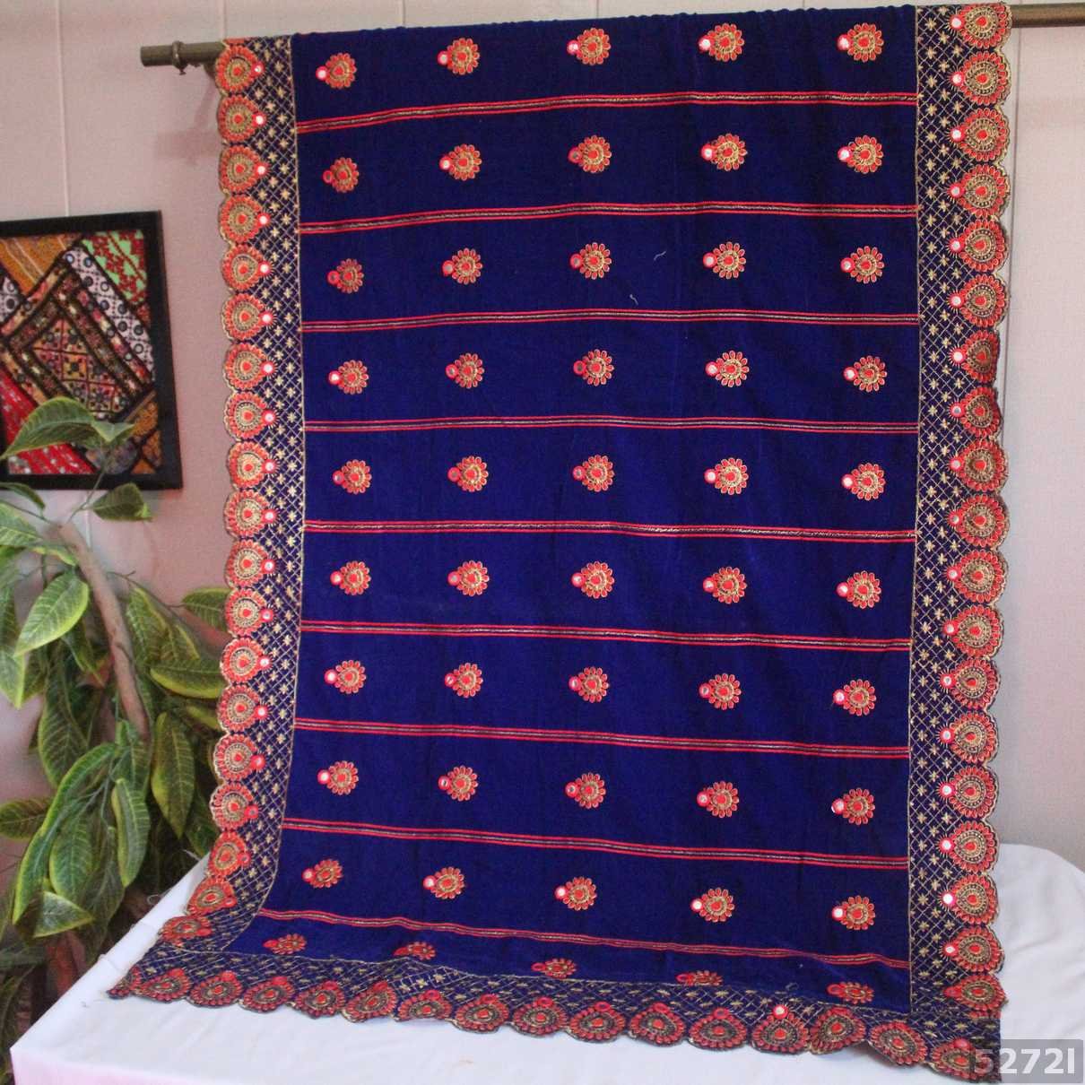 Royal Blue Velvet Embroidered Shawl