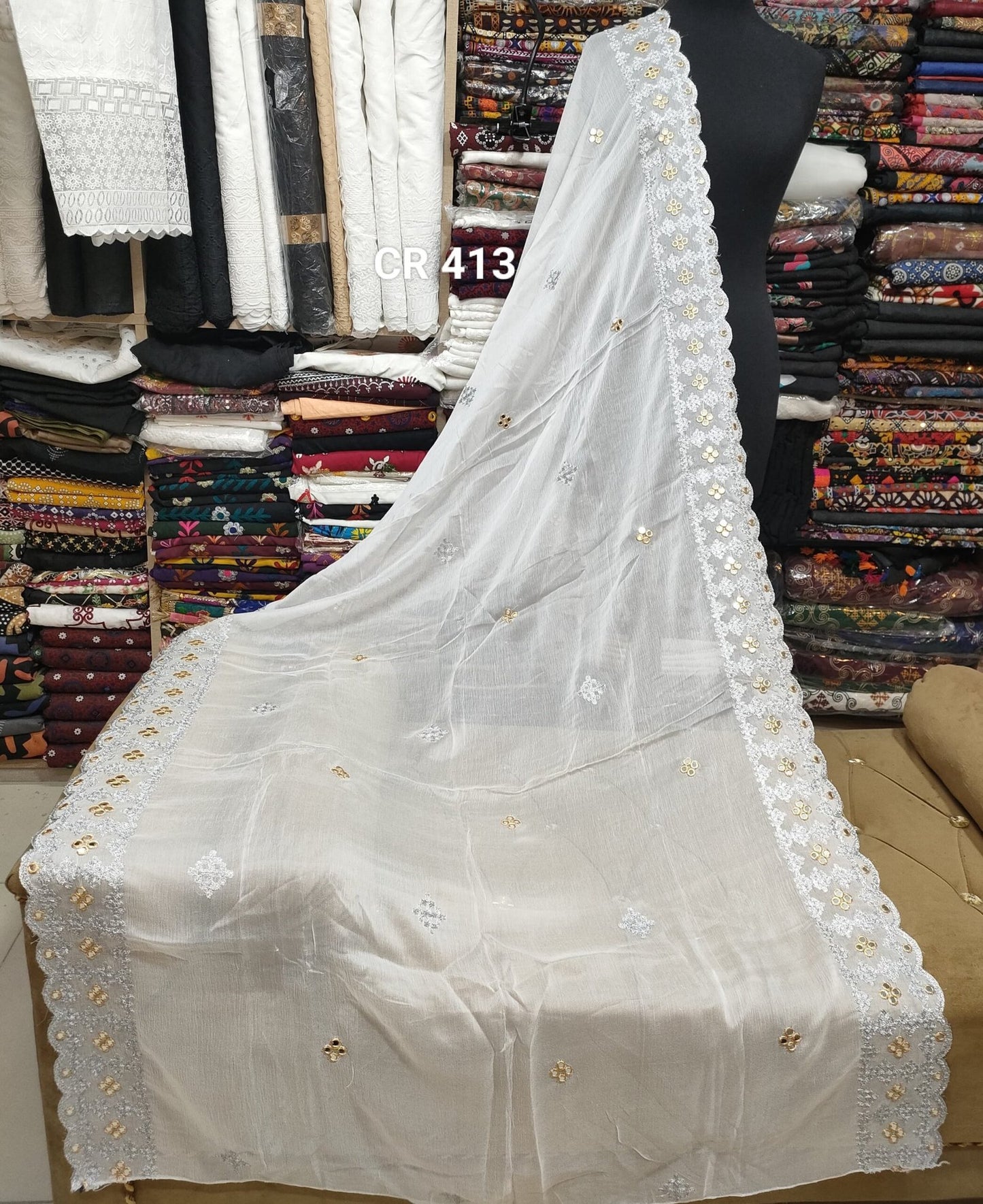 Crinkle Chiffon Fancy Embroidered Dupatta Dyeable