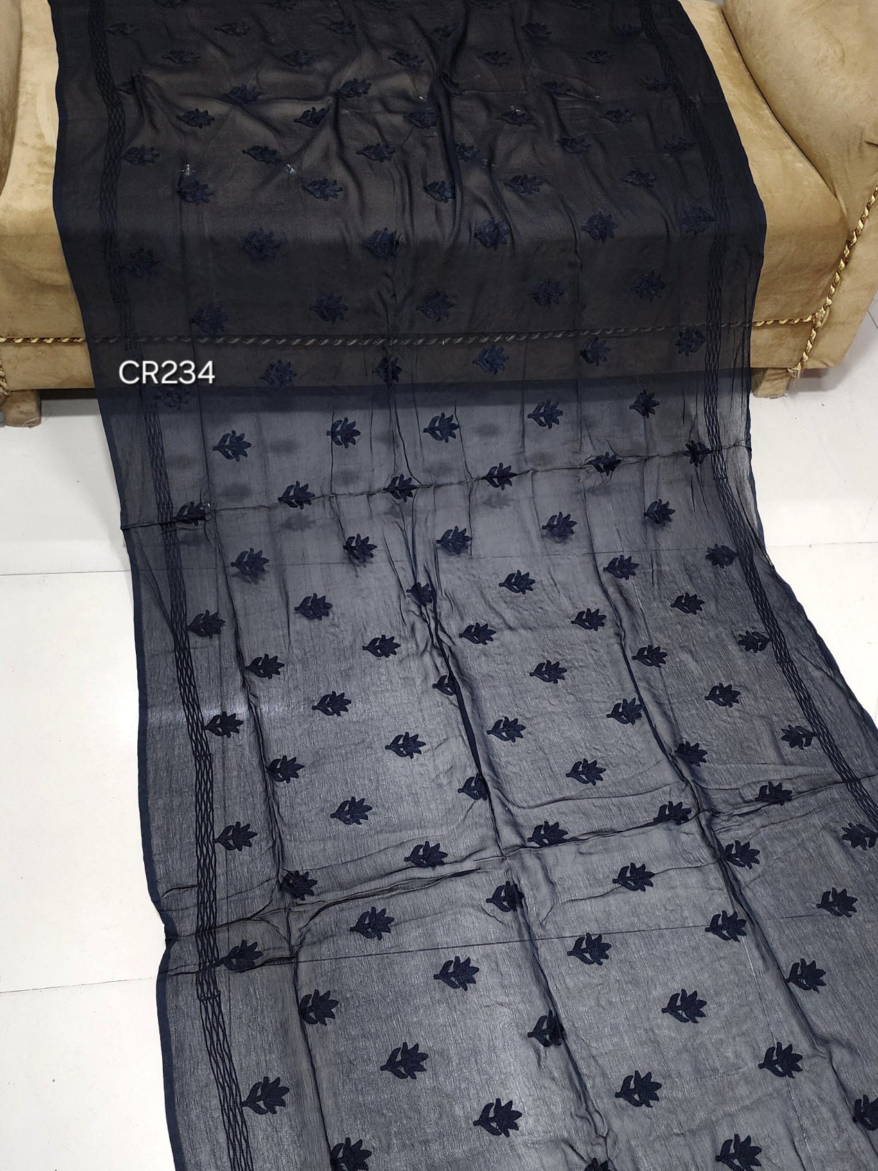 Black Crinkle Chiffon Bouti Work Embroidered Dupatta | CR234