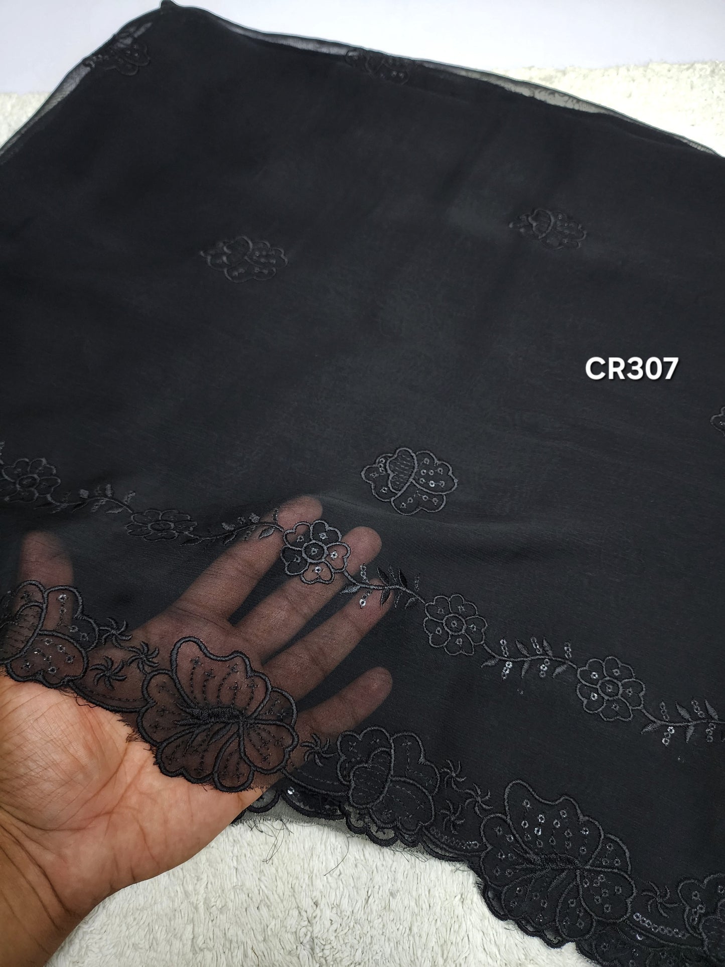 Black Crinkle Chiffon Cutwork Embroidered Dupatta | CR307