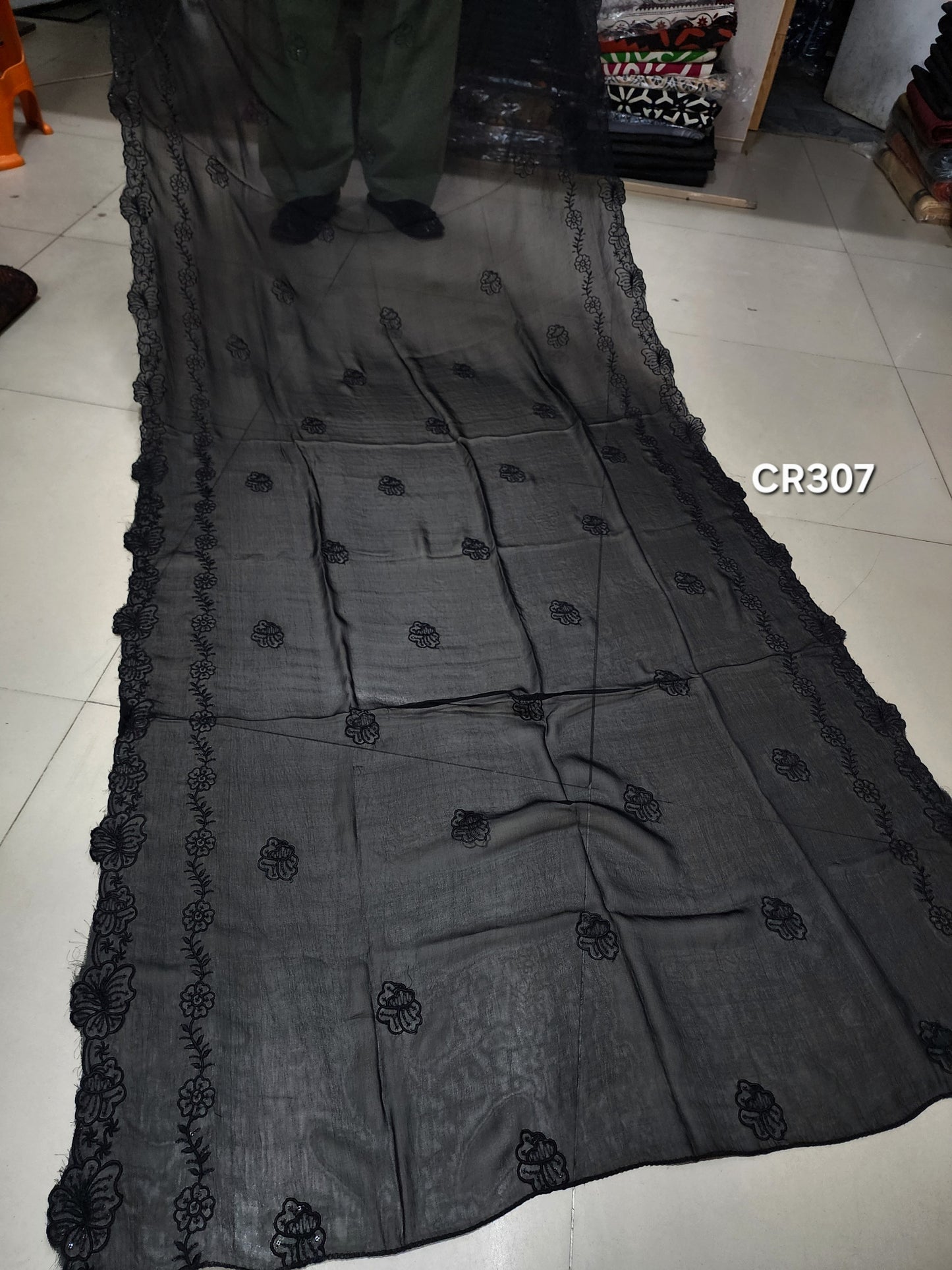 Black Crinkle Chiffon Cutwork Embroidered Dupatta | CR307