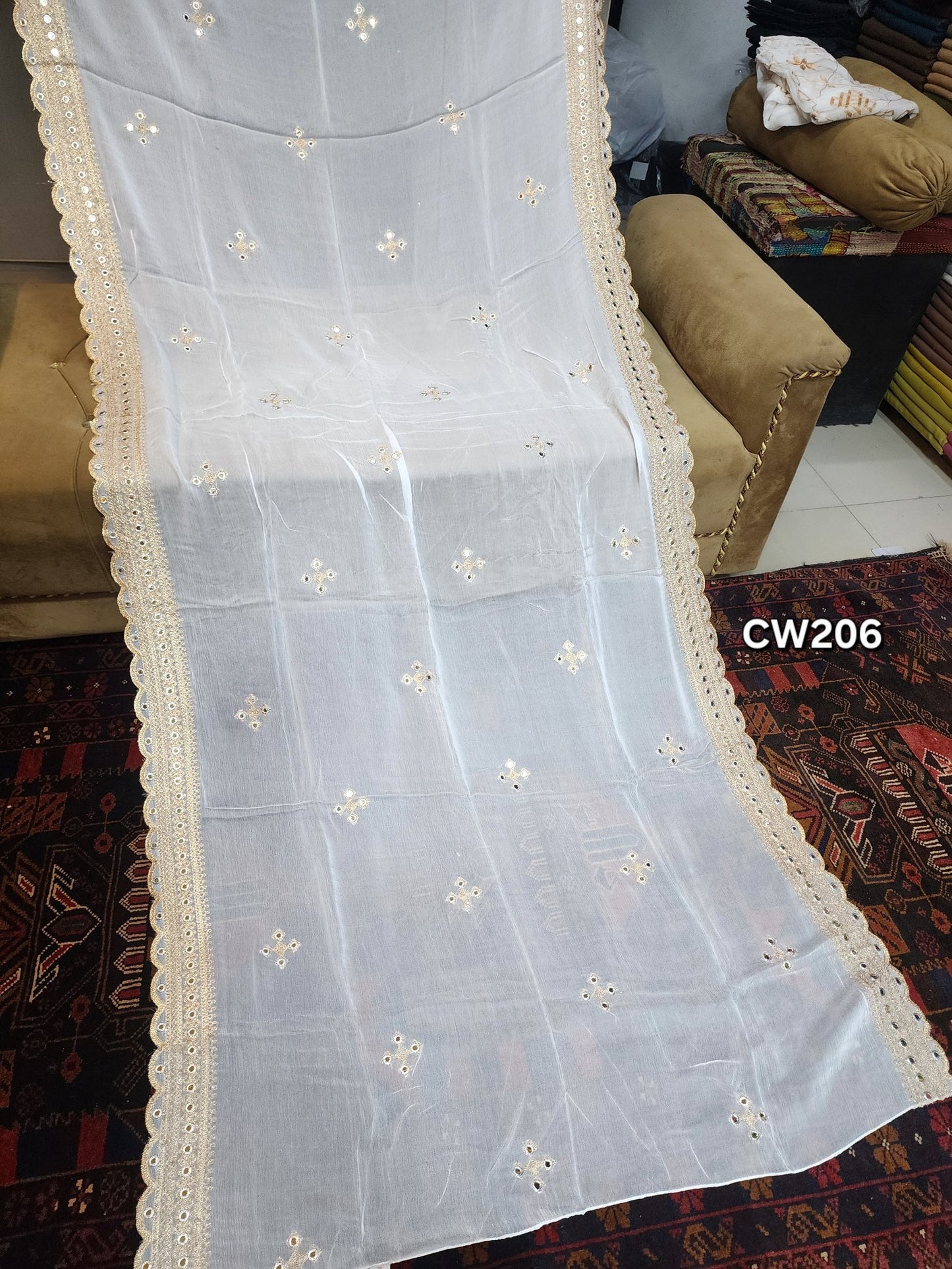 Fancy Cutwork Border Crinkle Chiffon Embroidered Dupatta | Dyeable