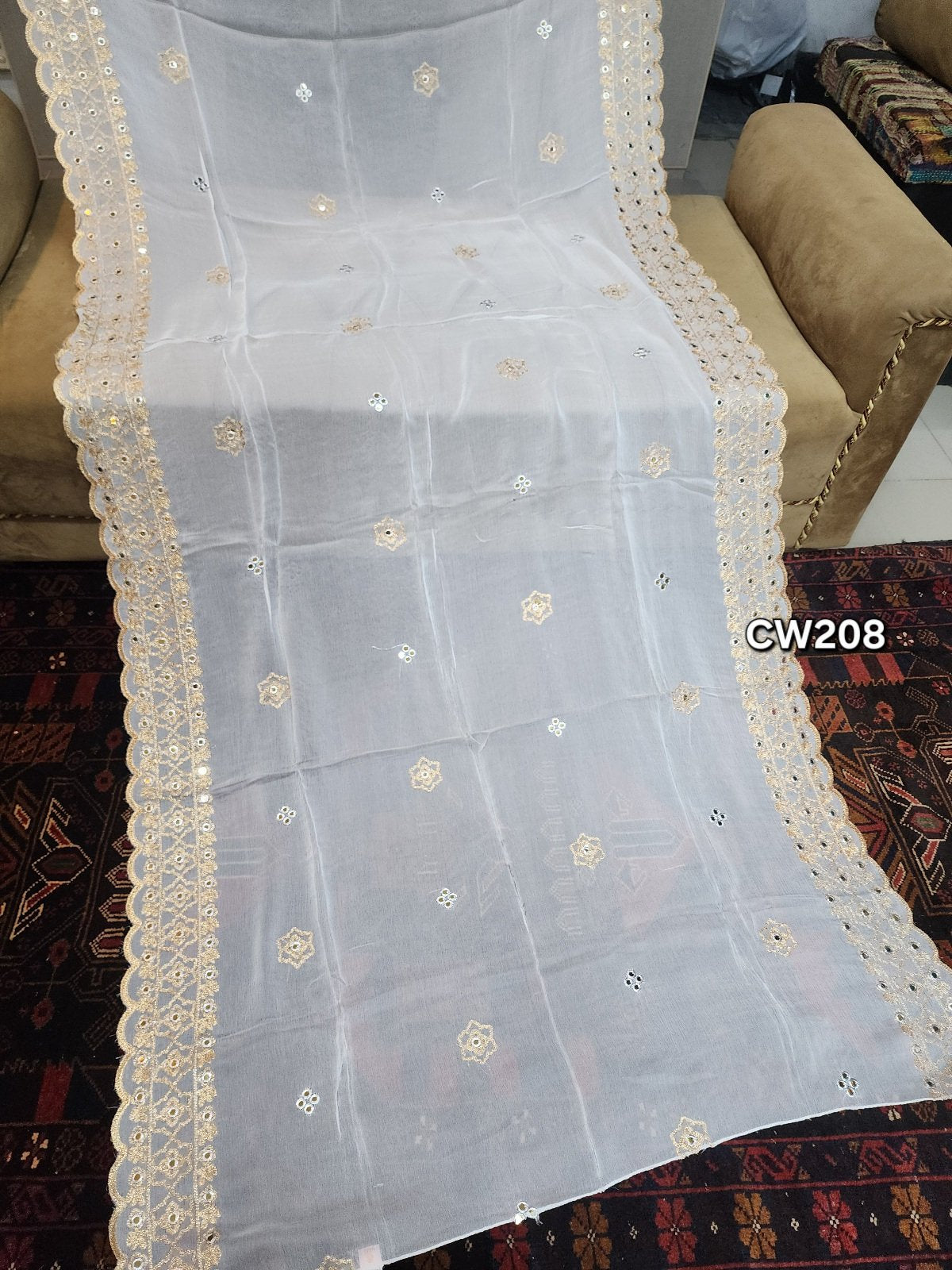 Fancy Cutwork Border Crinkle Chiffon Embroidered Dupatta | Dyeable