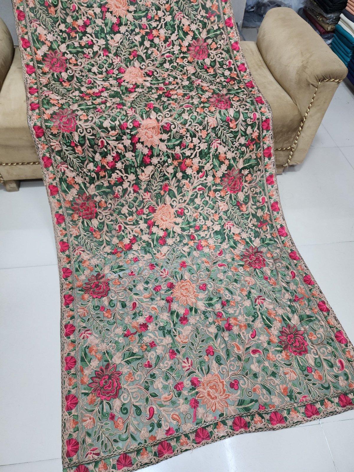 Crinkle Chiffon Aari Embroidered Dupatta Multi Color | Dark Green