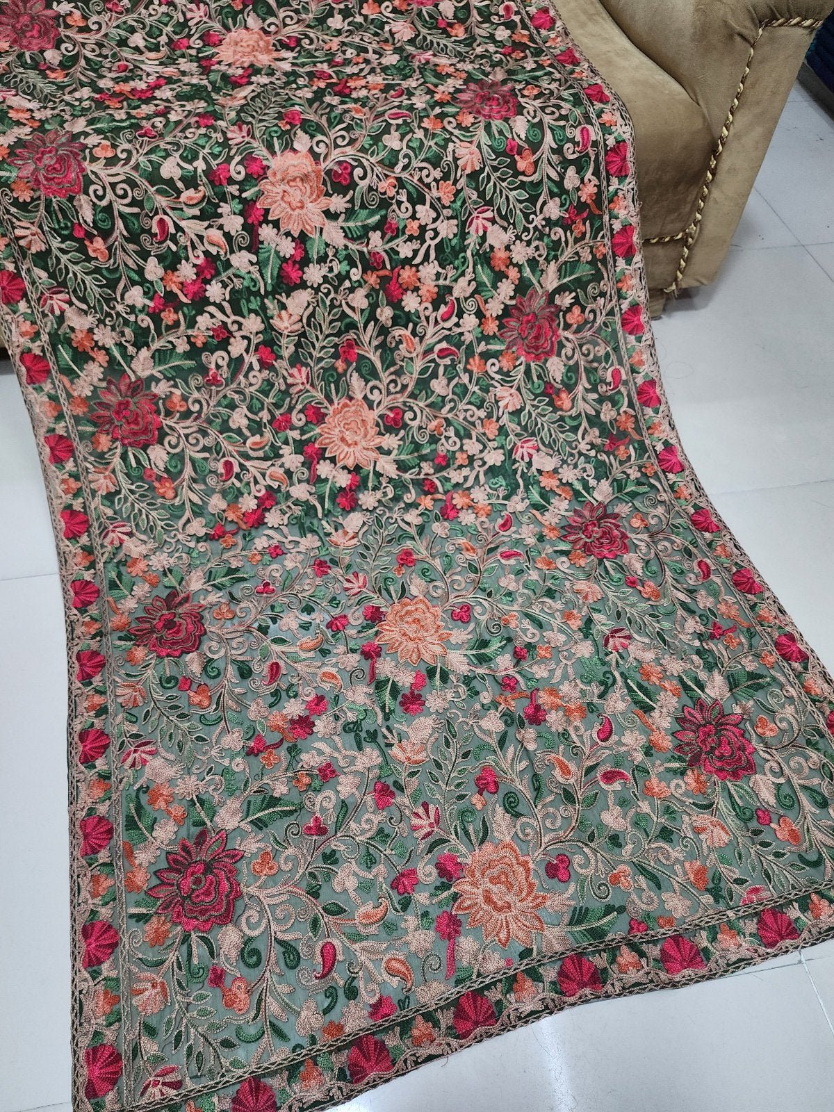 Crinkle Chiffon Aari Embroidered Dupatta Multi Color | Dark Green