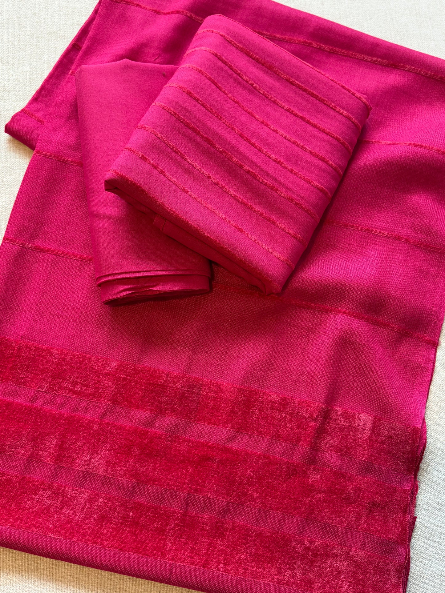 3 Piece Suit | Velvet Lining Marina Suit Allover With Shawl | Shocking Pink