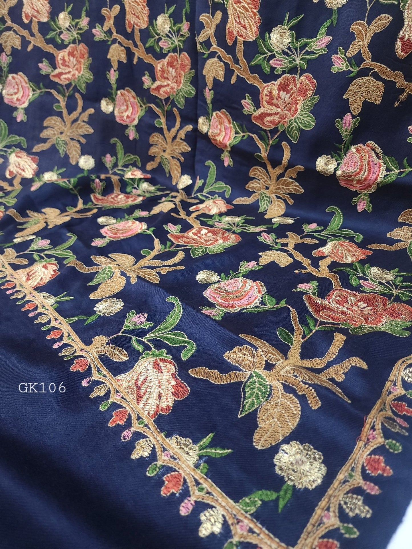Gulabkar Pashmina Embroidered Shawl Fancy Tilla and Thread Work Perfect Gift | Navy Blue