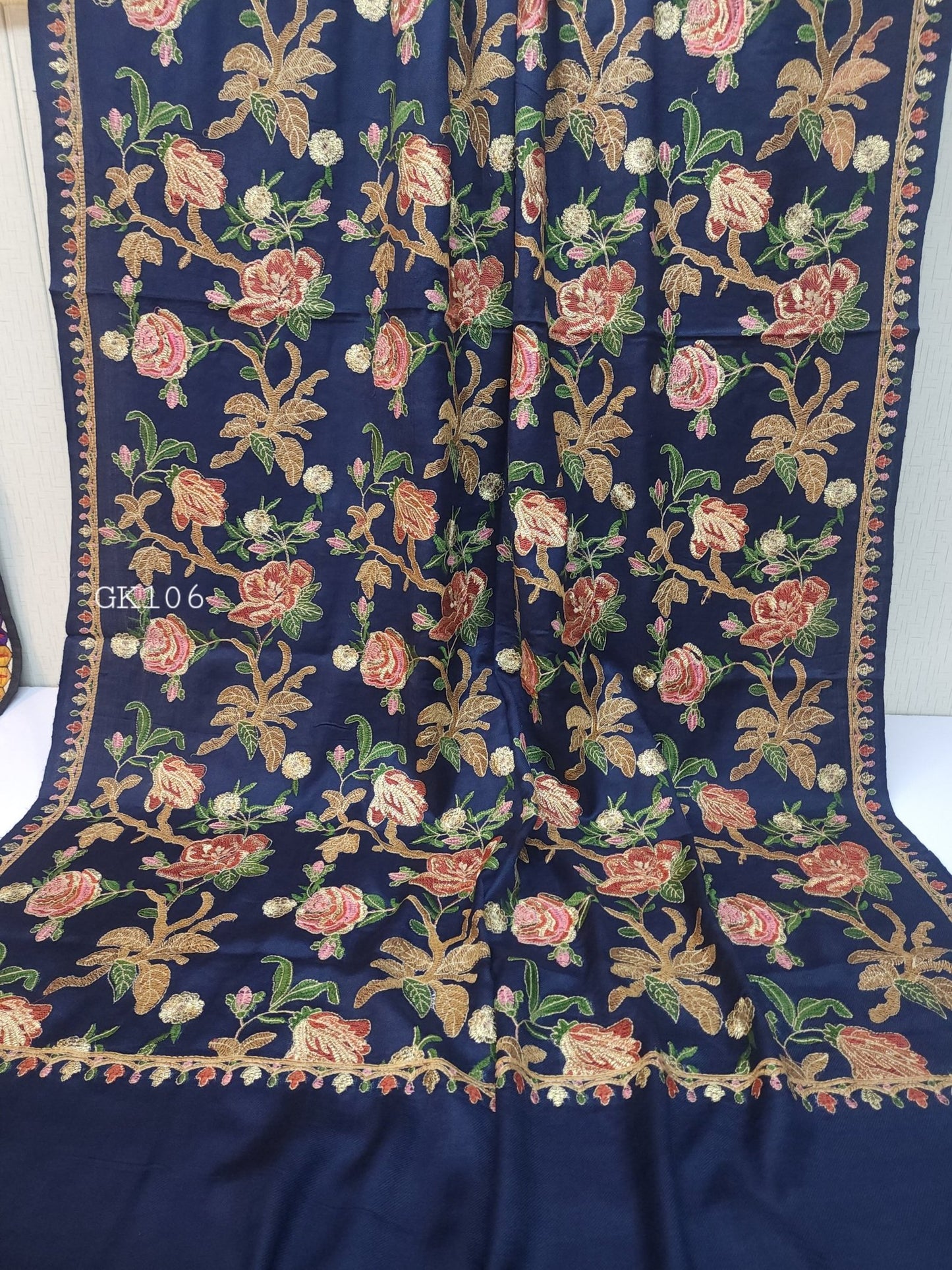 Gulabkar Pashmina Embroidered Shawl Fancy Tilla and Thread Work Perfect Gift | Navy Blue