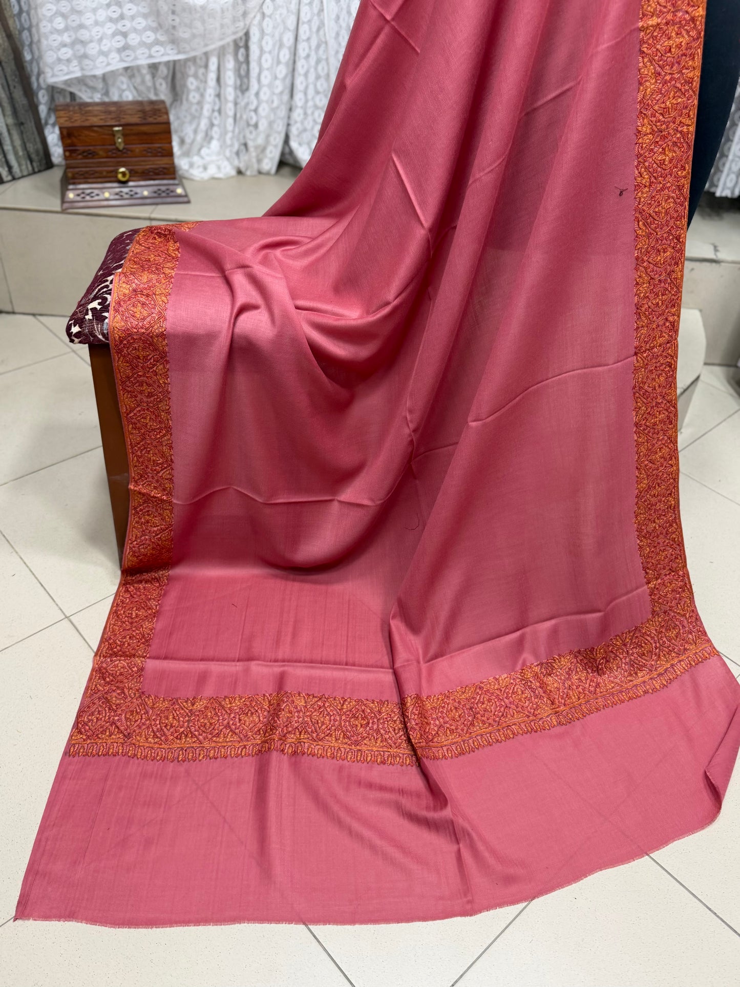 Kashmiri Shawl | Handmade Border Embroidery Made in Kashmir Pure Pashmina | Tea Pink