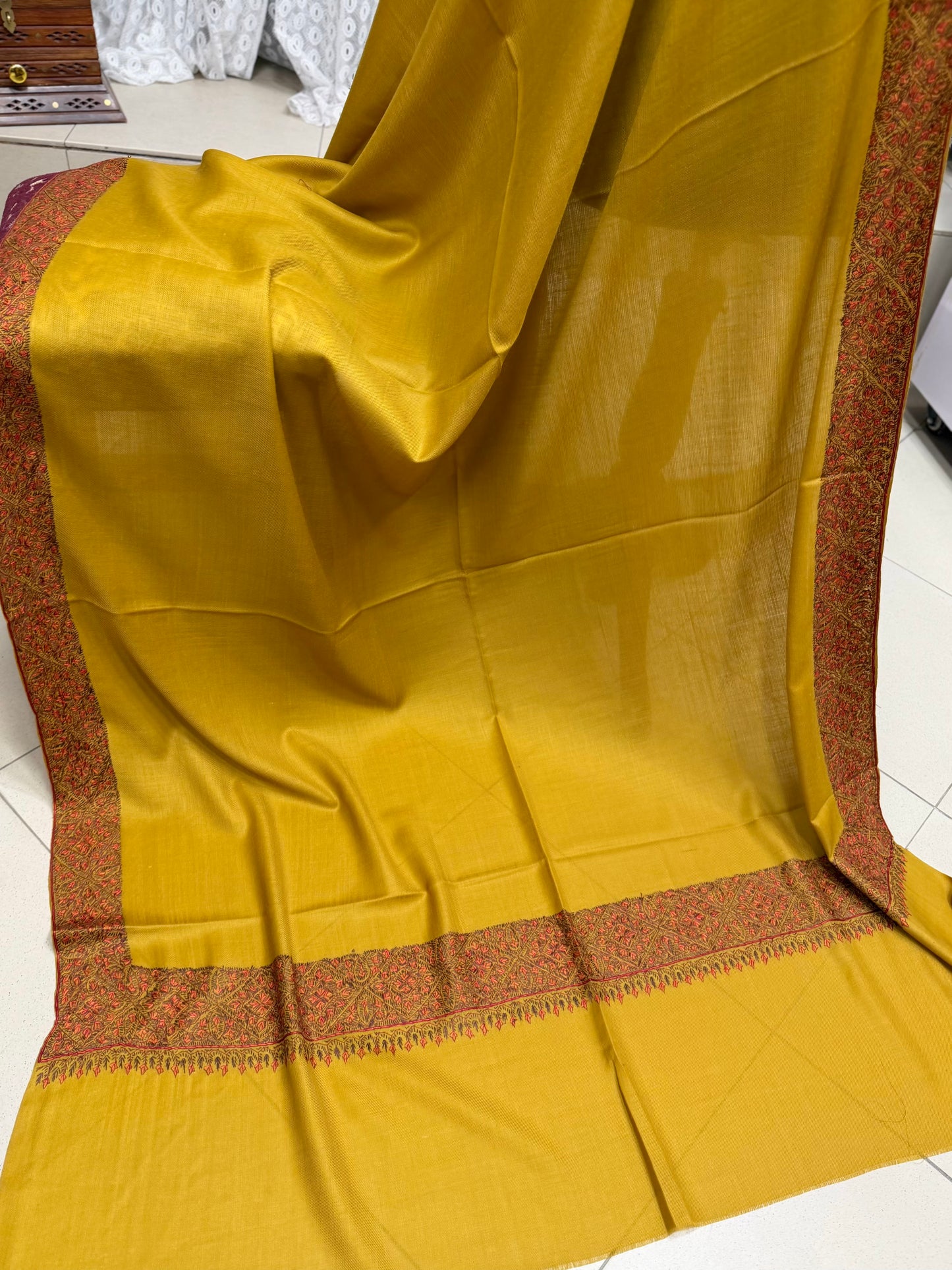 Kashmiri Shawl | Handmade Border Embroidery Made in Kashmir Pure Pashmina | Mustard