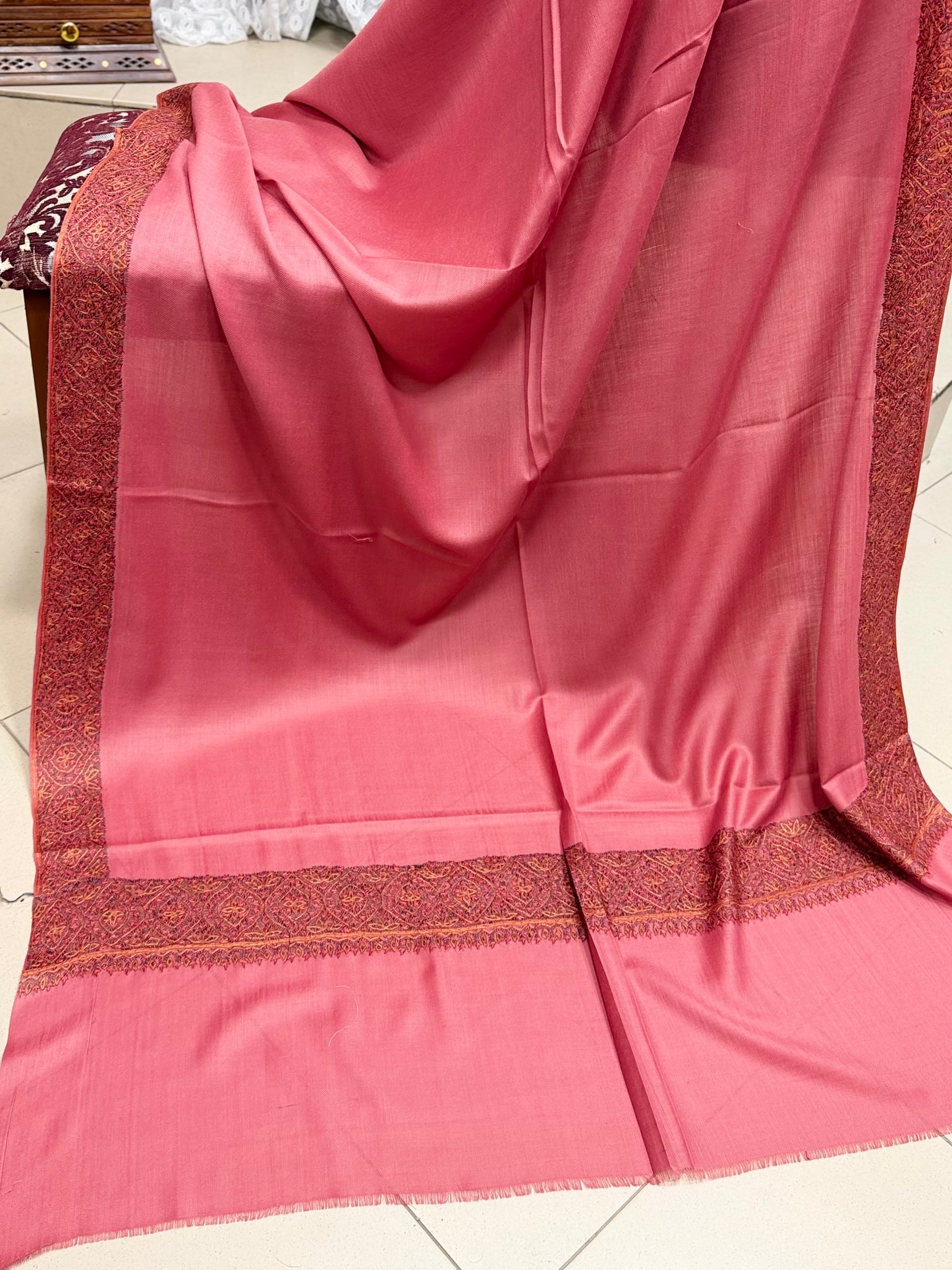 Kashmiri Shawl | Handmade Border Embroidery Made in Kashmir Pure Pashmina | Tea Pink