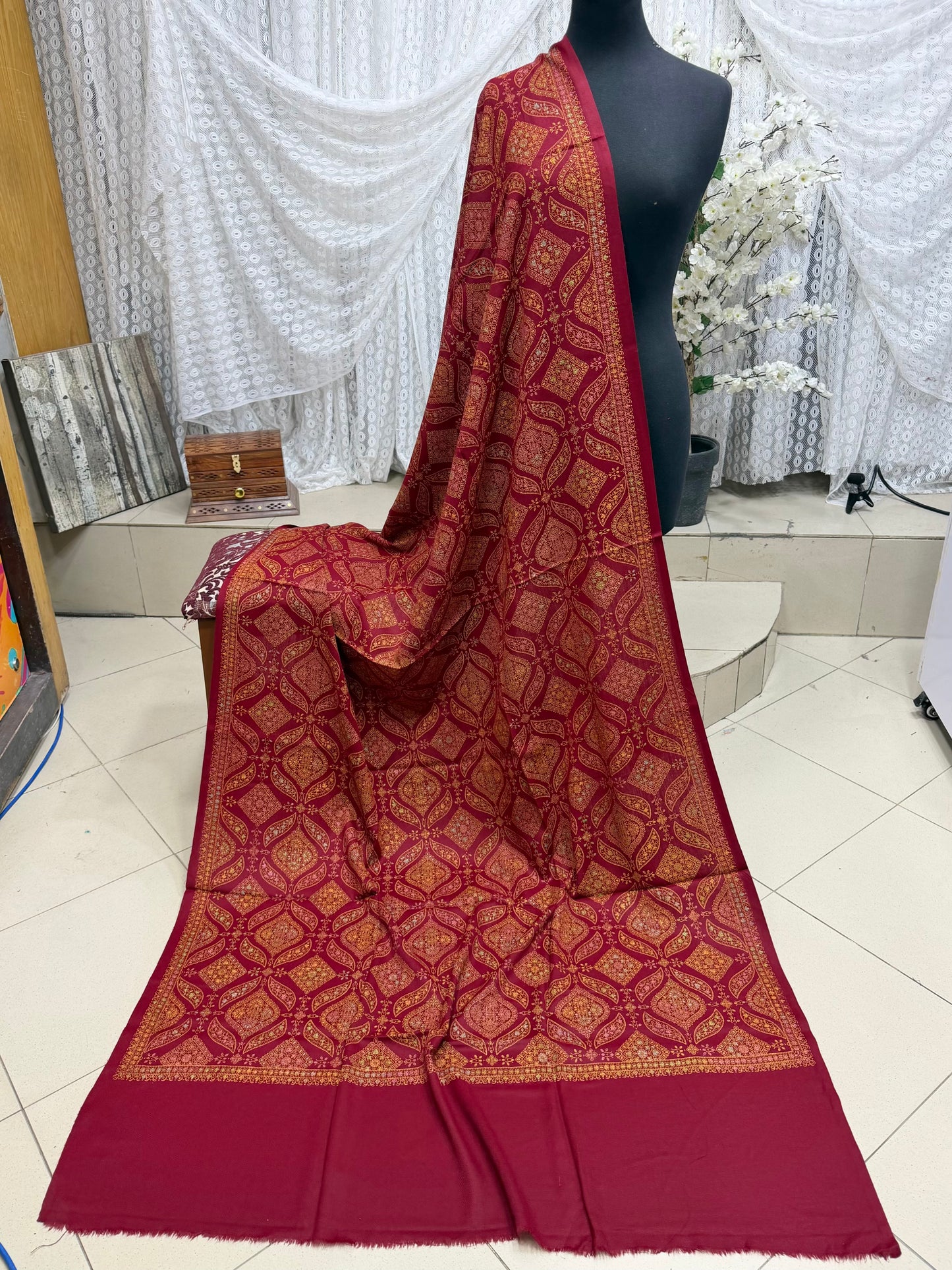 Pashmina Shawl | Hand Embroidery on Print Beautiful Shawl | Maroon