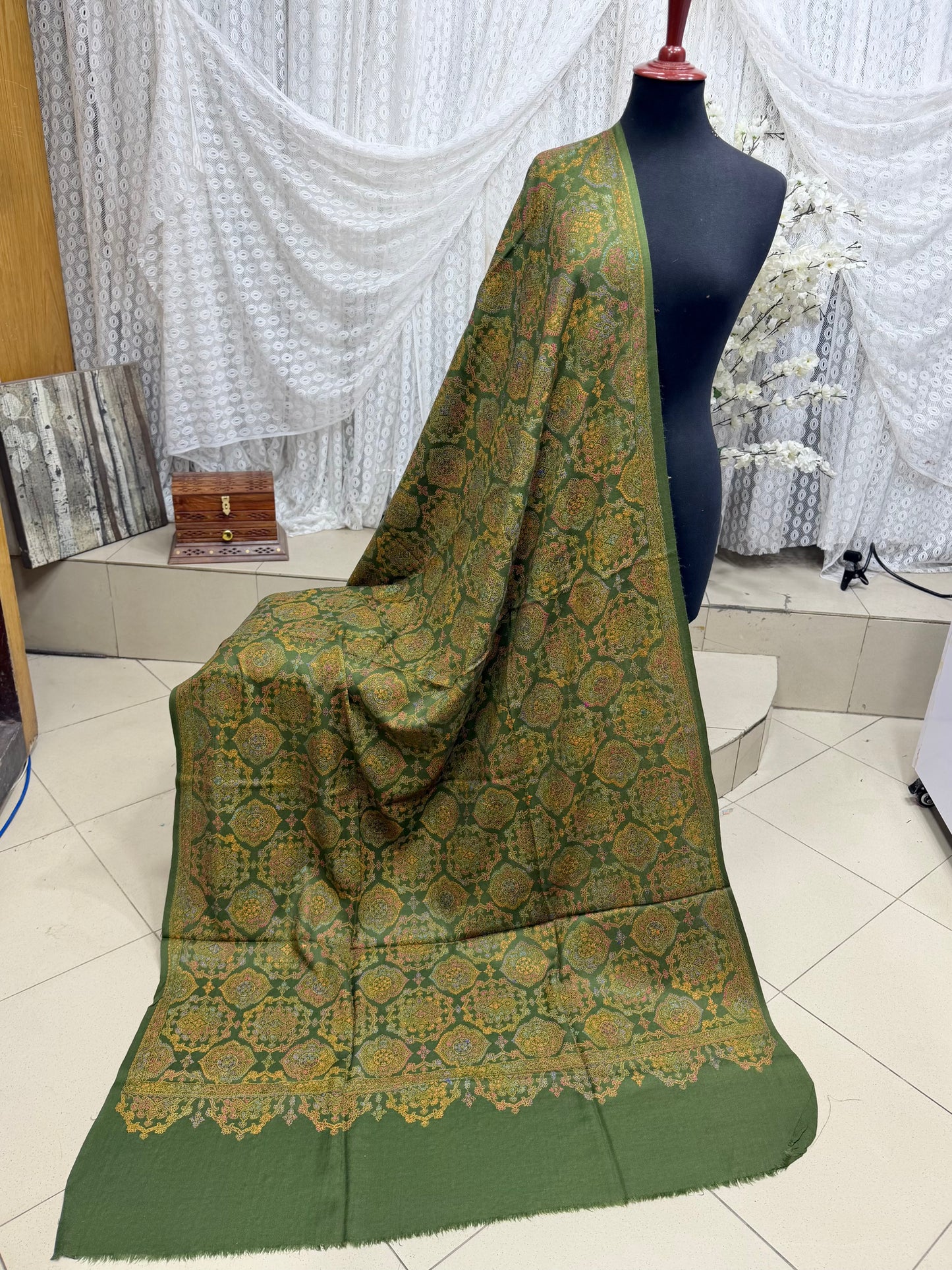 Pashmina Shawl | Hand Embroidery on Print Beautiful Shawl | Parrot Green