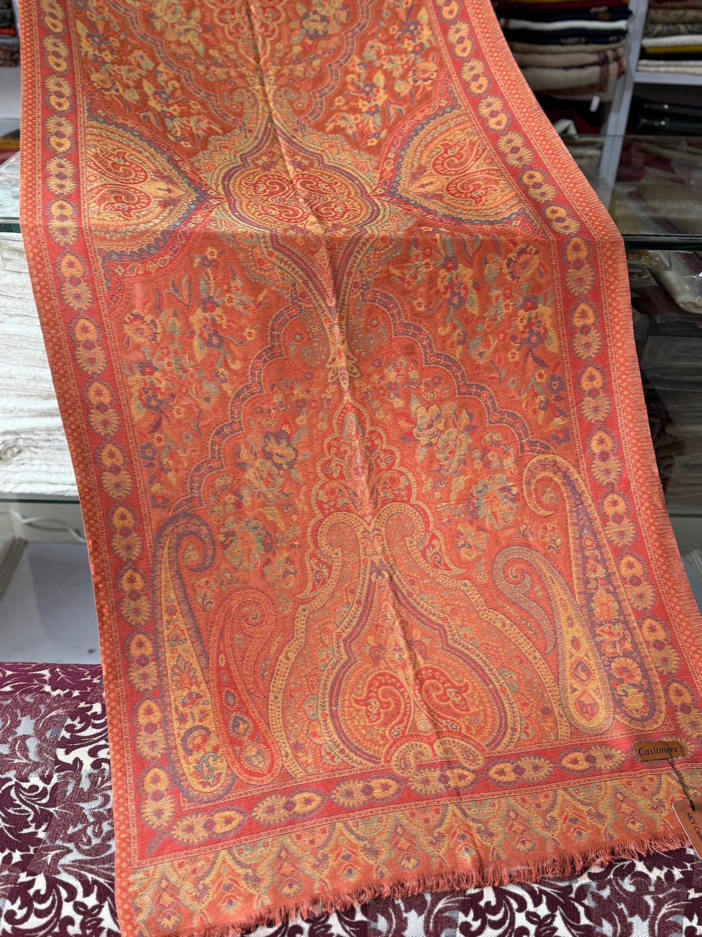 Kani Qalamkar Design Stole Sky Cashmere Acrylic Wool | Rust