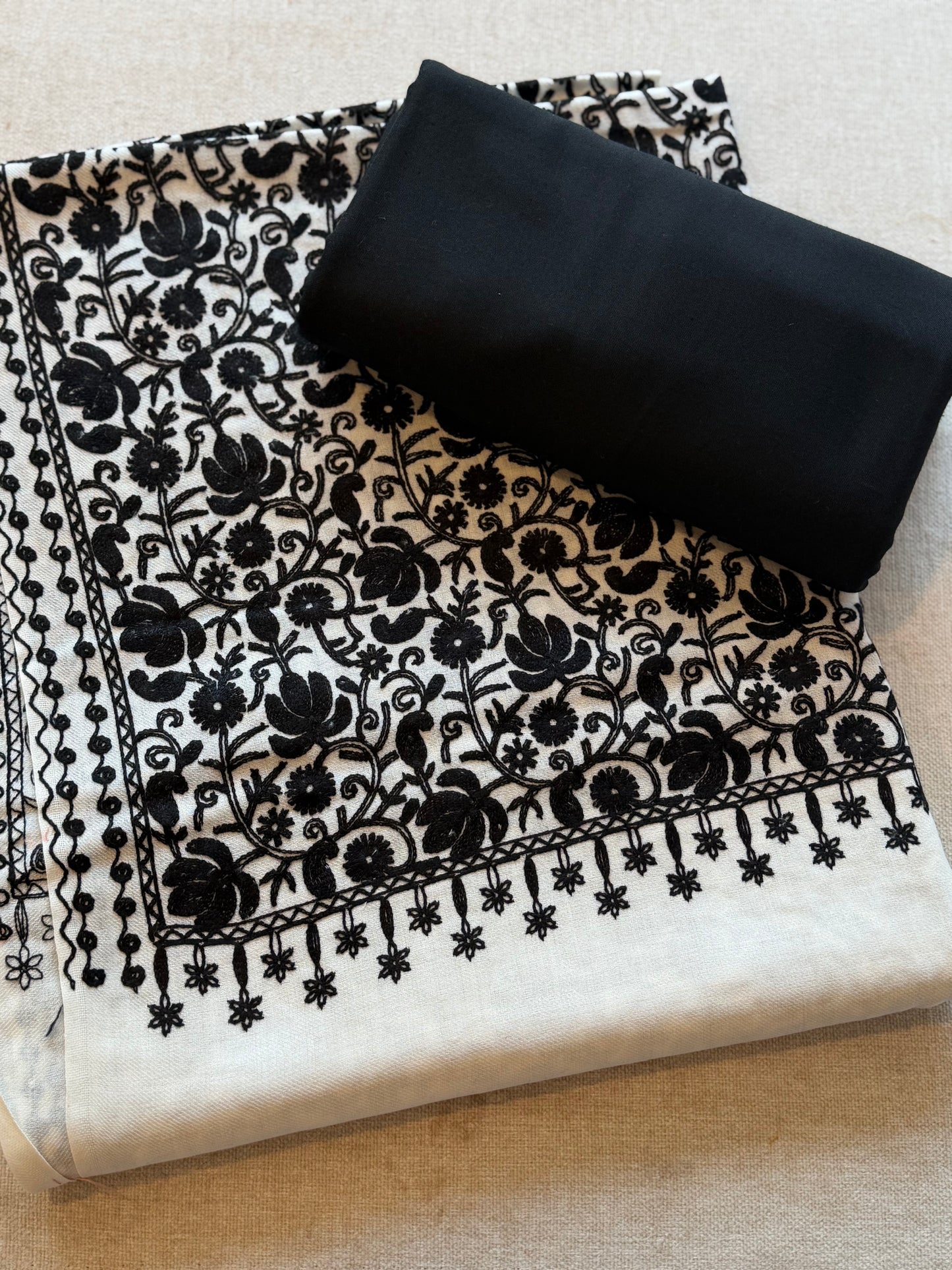 Pashmina 3 Piece Suit | Embroidered Shawl with Plain Suit Marina | Black With White