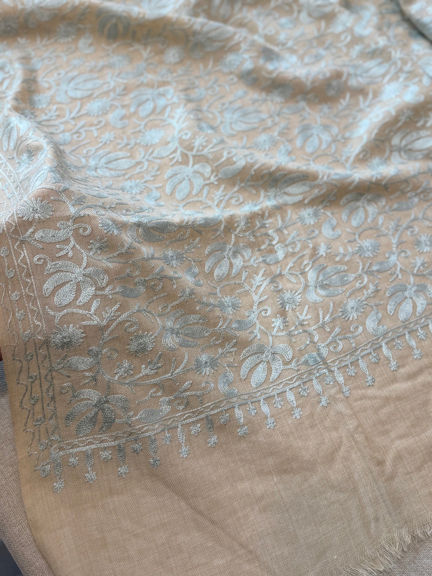 Skin With Light Blue Pashmina Embroidered Shawl | Kashmiri Aar Work Embroidery