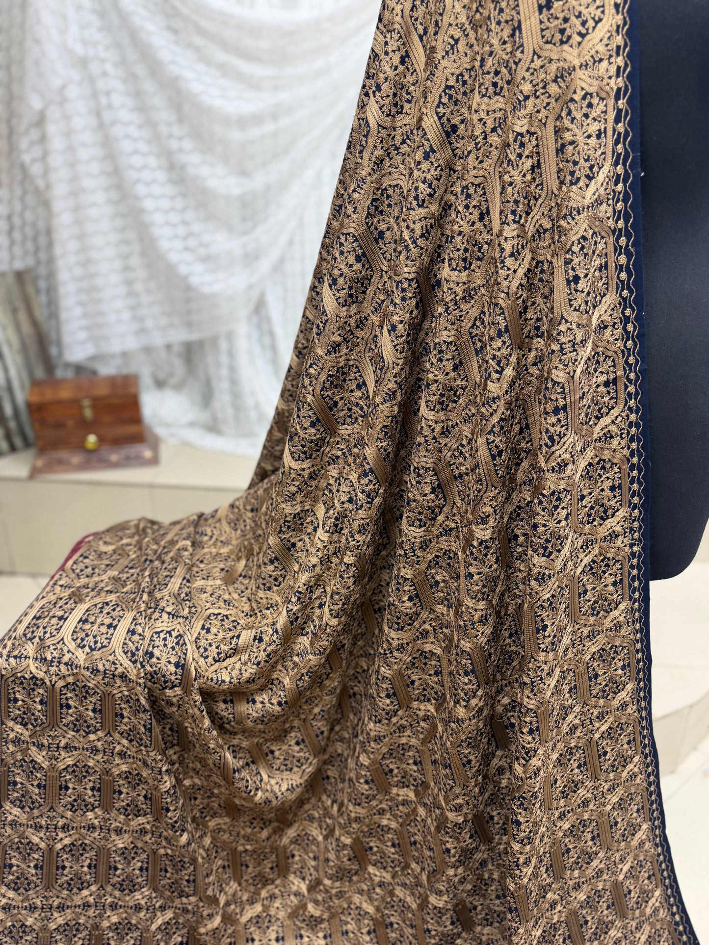 Pashmina Embroidered Shawl Nalki Aar Design Resham Silk Thread Perfect Gift | Blue