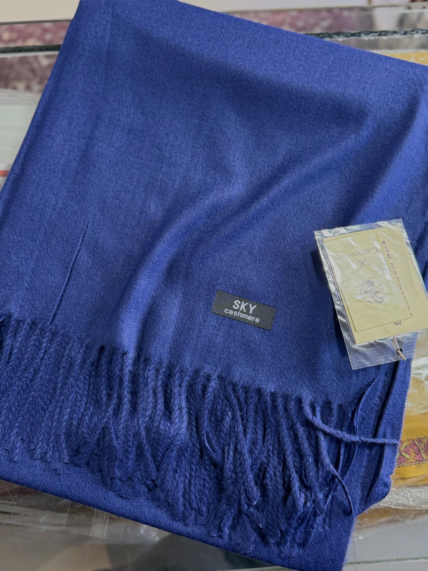 Plain Stole Sky Cashmere With Tassels in Large Size | Blue