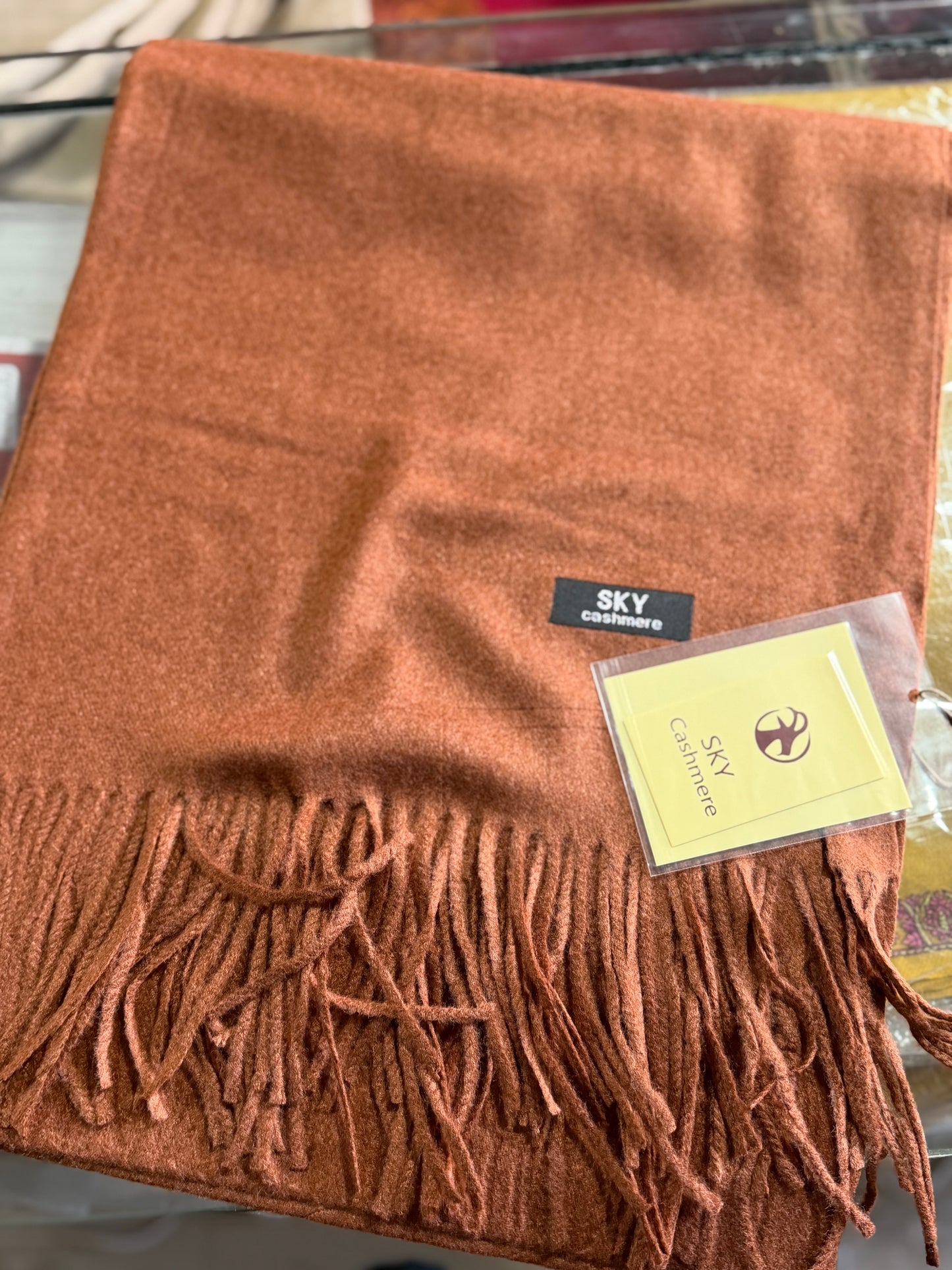 Plain Stole Sky Cashmere With Tassels in Large Size | Rust