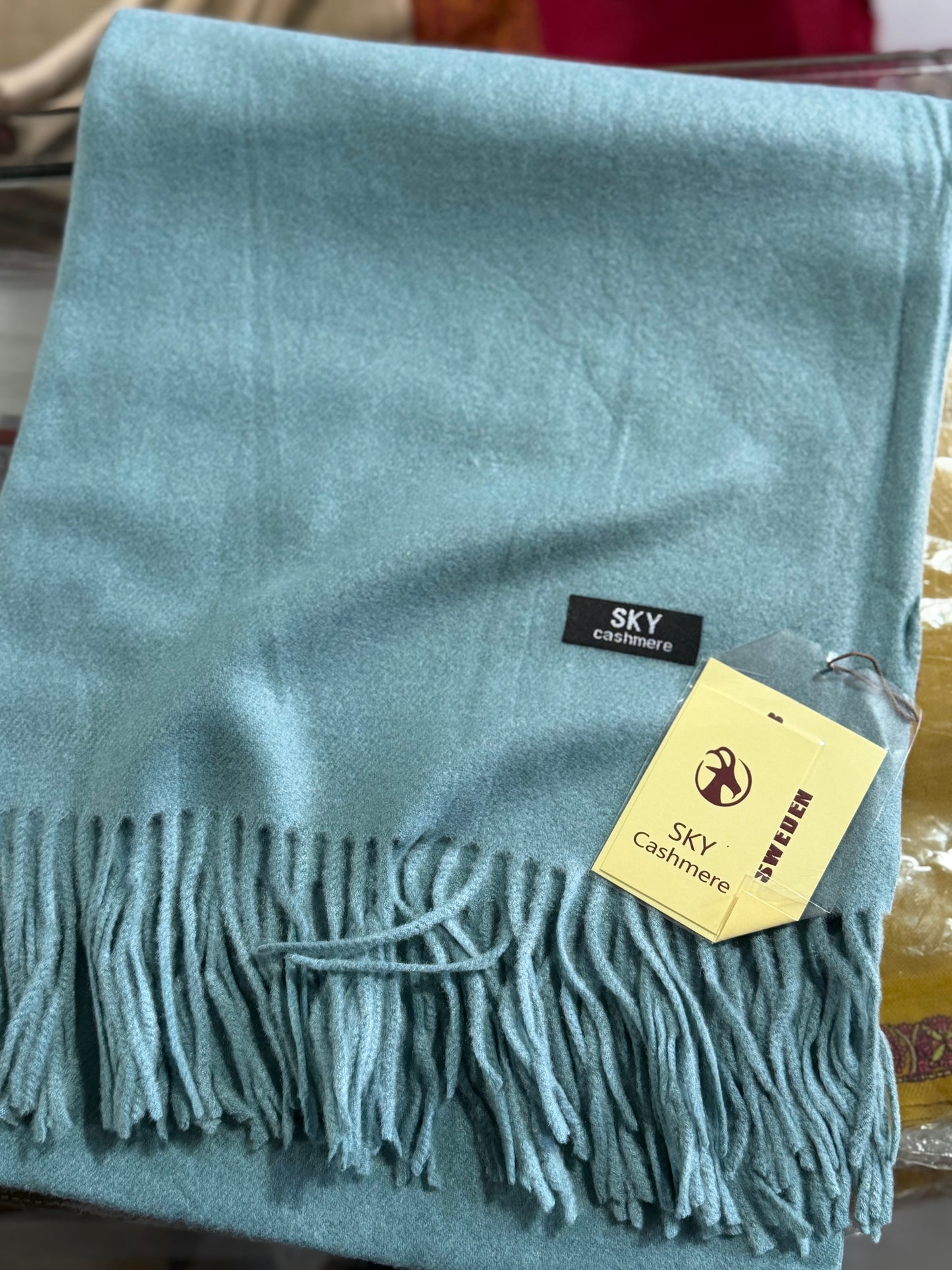 Plain Stole Sky Cashmere With Tassels in Large Size | Light Blue