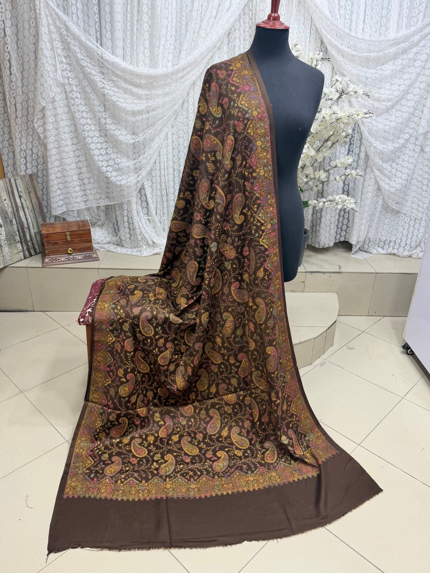 Pashmina Shawl | Hand Embroidery on Print Beautiful Shawl | Brown