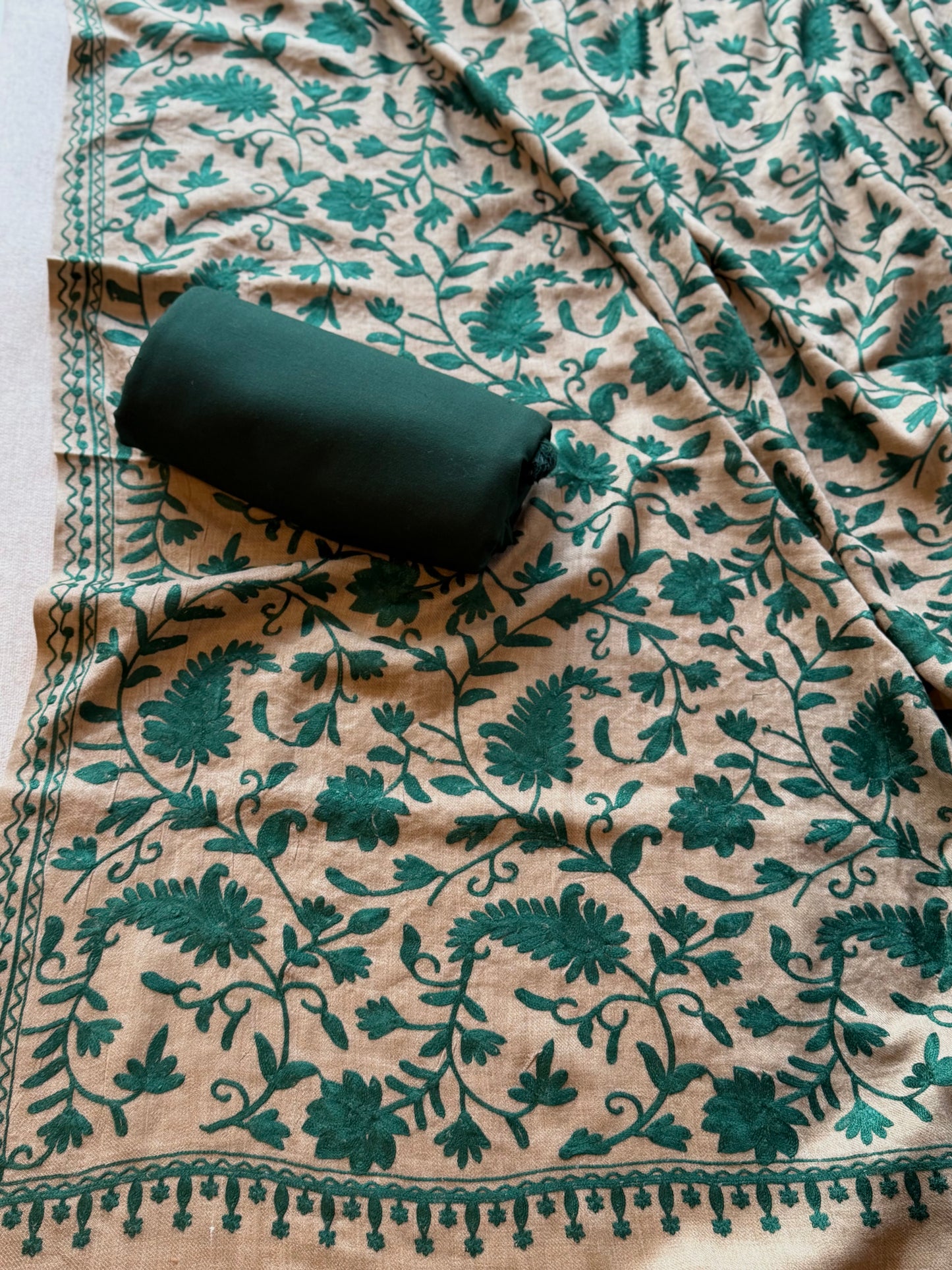 Pashmina 3 Piece Suit | Embroidered Shawl with Plain Suit Marina | Skin Green