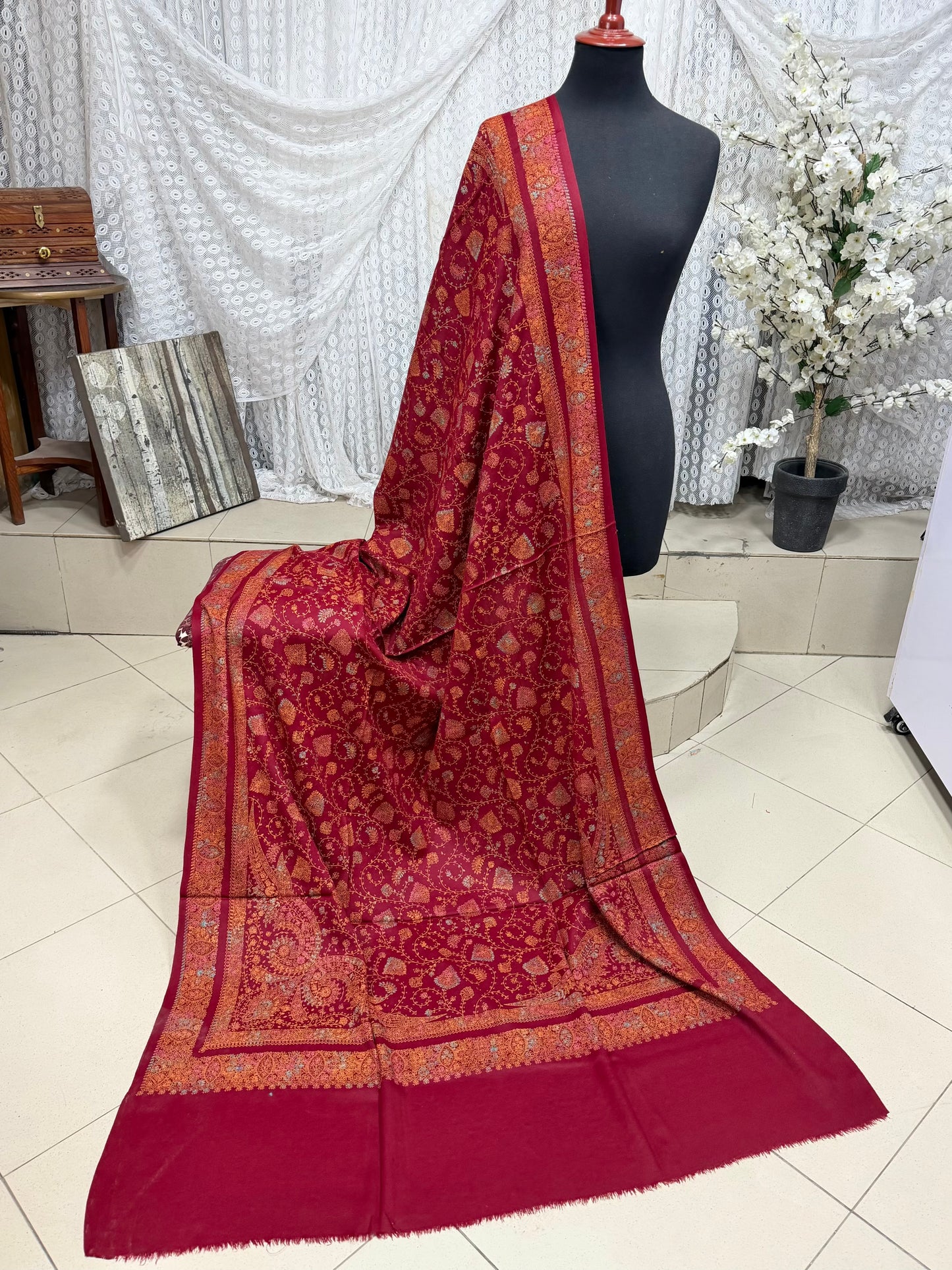 Pashmina Shawl | Hand Embroidery on Print Beautiful Shawl | Maroon