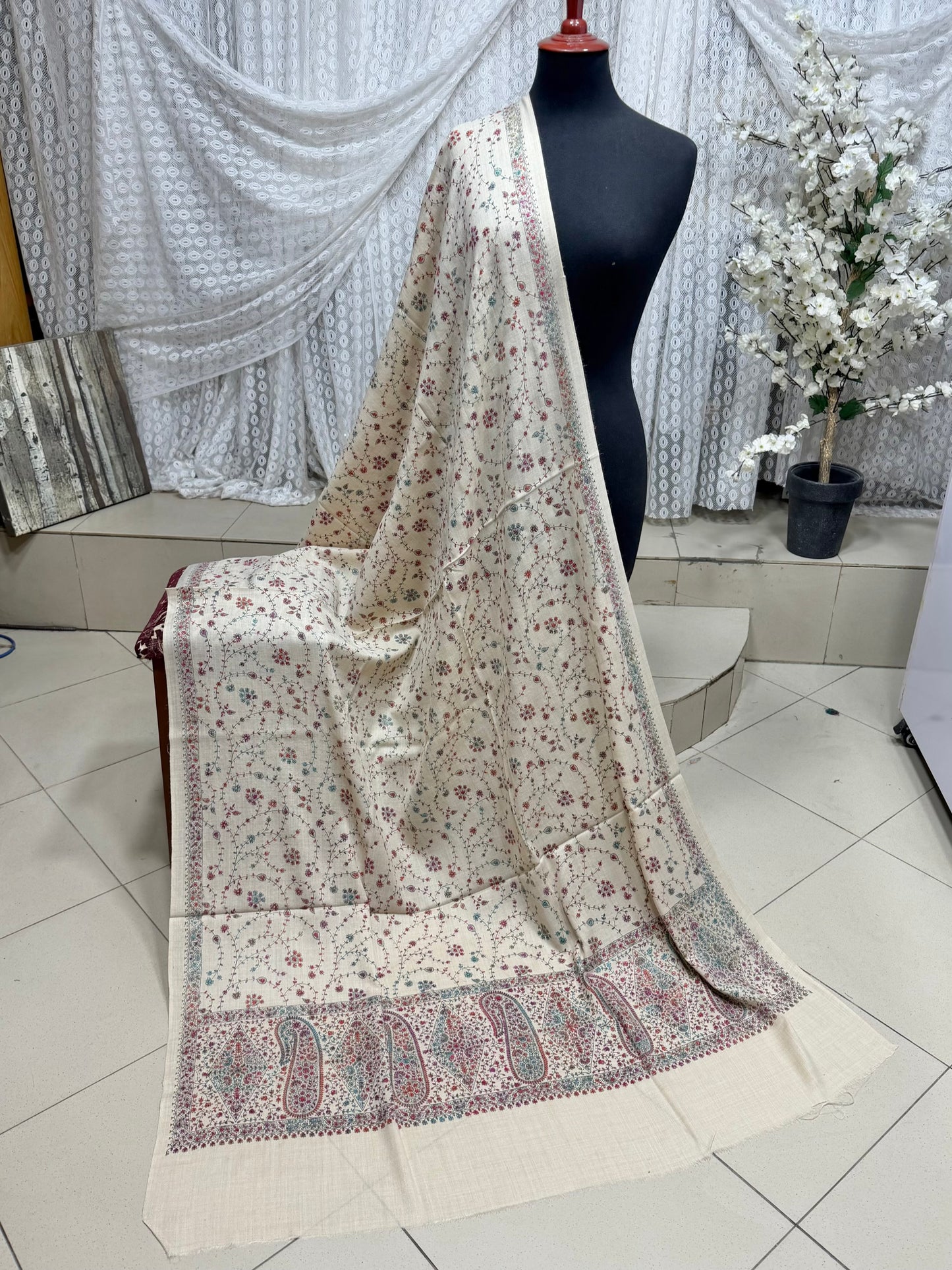 Pashmina Shawl | Hand Embroidery on Print Beautiful Shawl | Light Skin