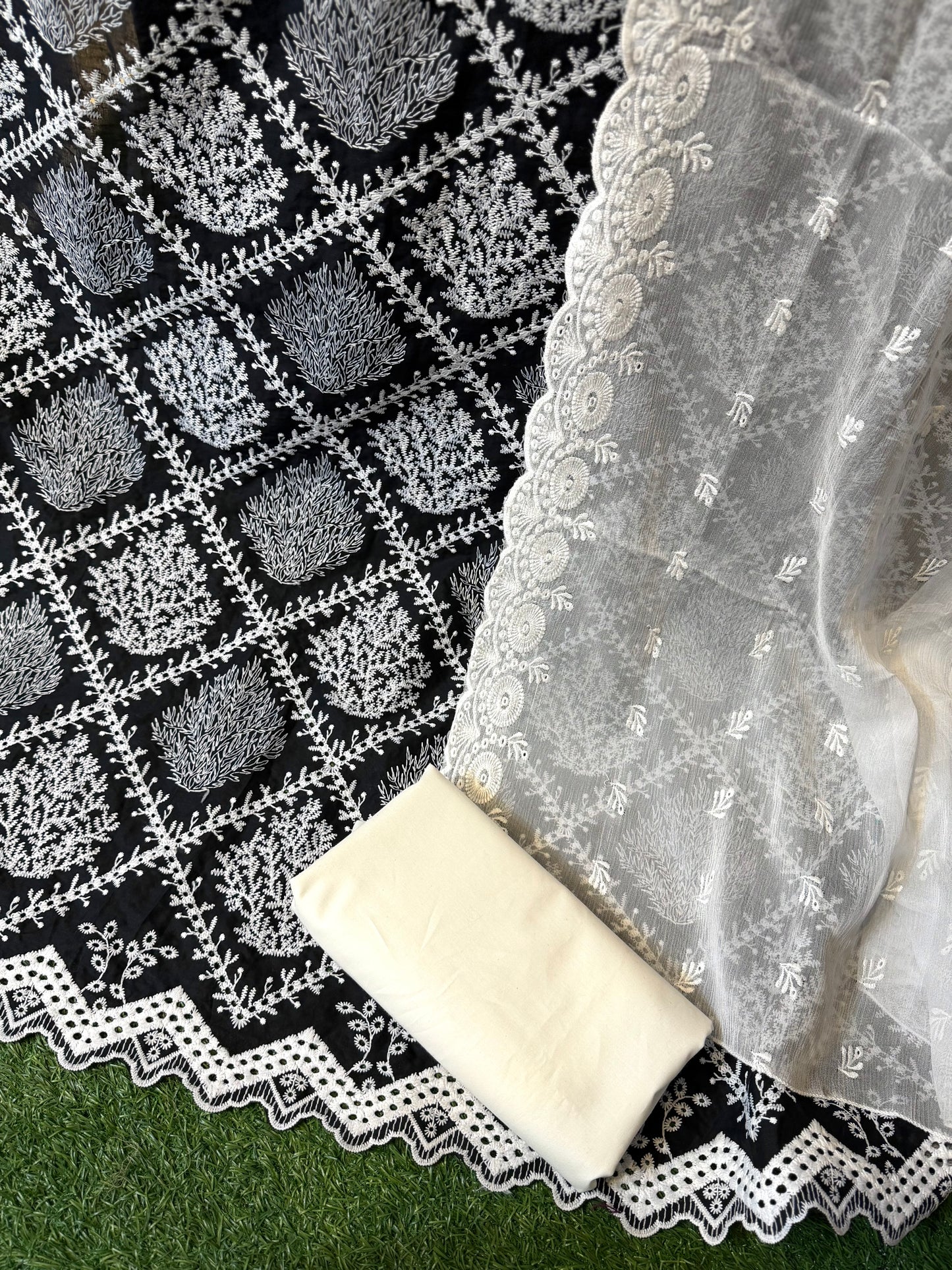 3 Piece Chikankari Suit | Chiffon Embroidered Dupatta | Black
