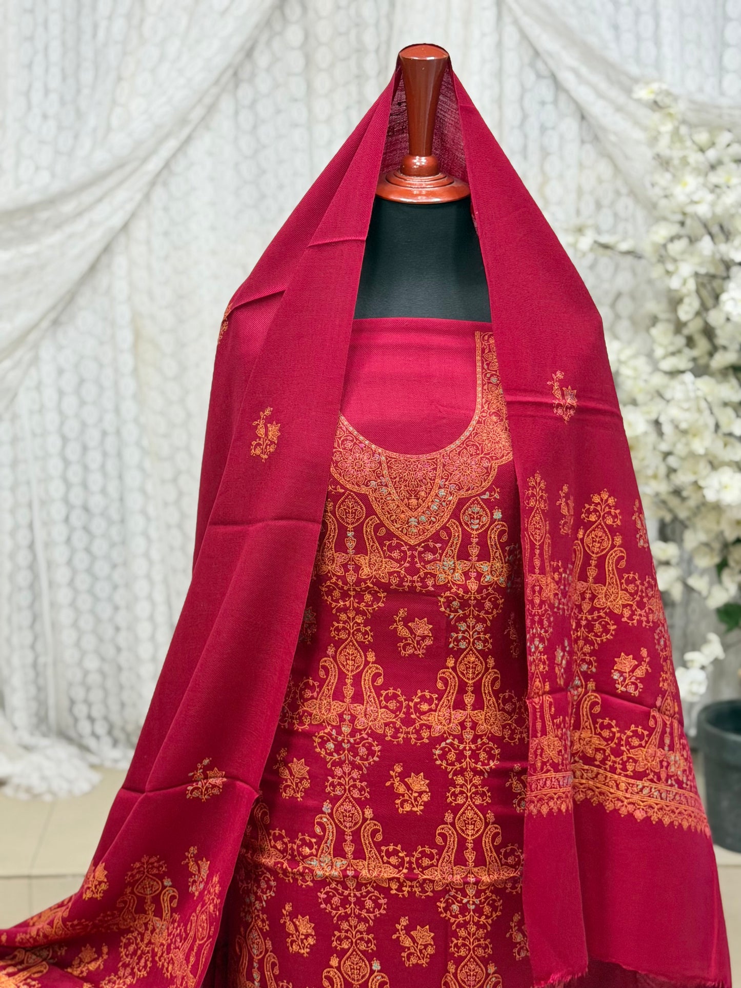 Pashmina 3 Piece Suit | Hand Embroidered Shawl with Embroidered Suit | Maroon