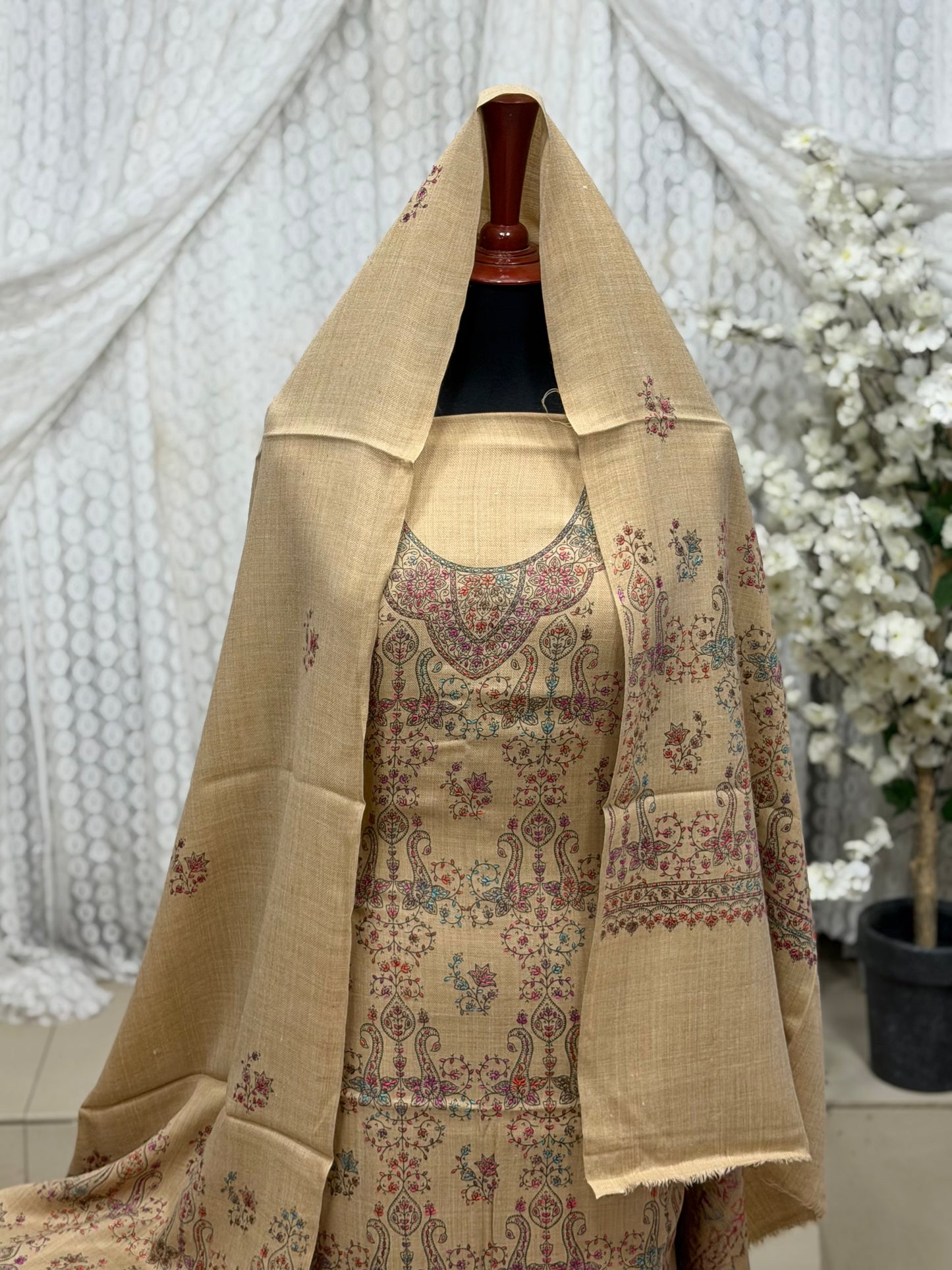 Pashmina 3 Piece Suit | Hand Embroidered Shawl with Embroidered Suit | Skin