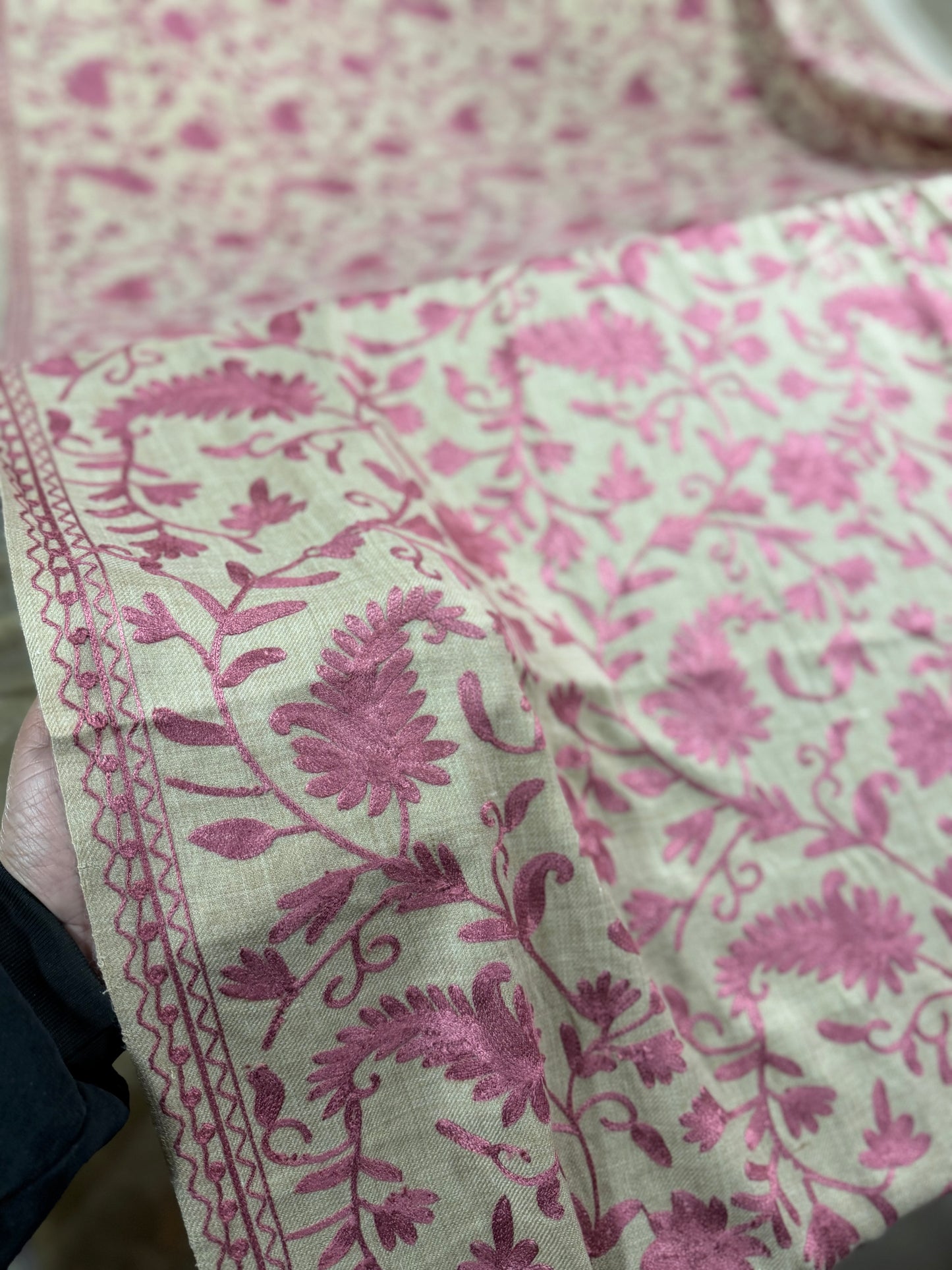 Skin With Pink Pashmina Embroidered Shawl | Kashmiri Aar Work Embroidery