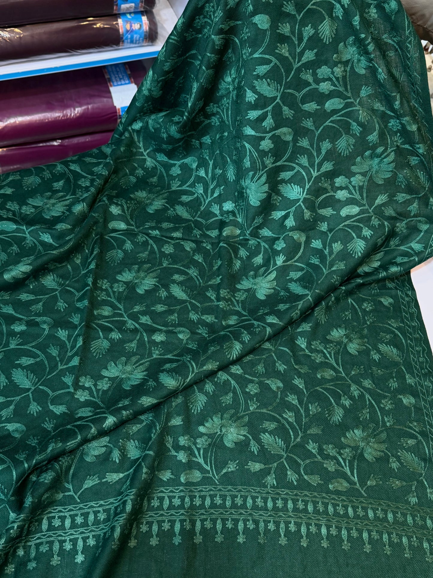 Green With Green Pashmina Embroidered Shawl | Kashmiri Aar Work Embroidery