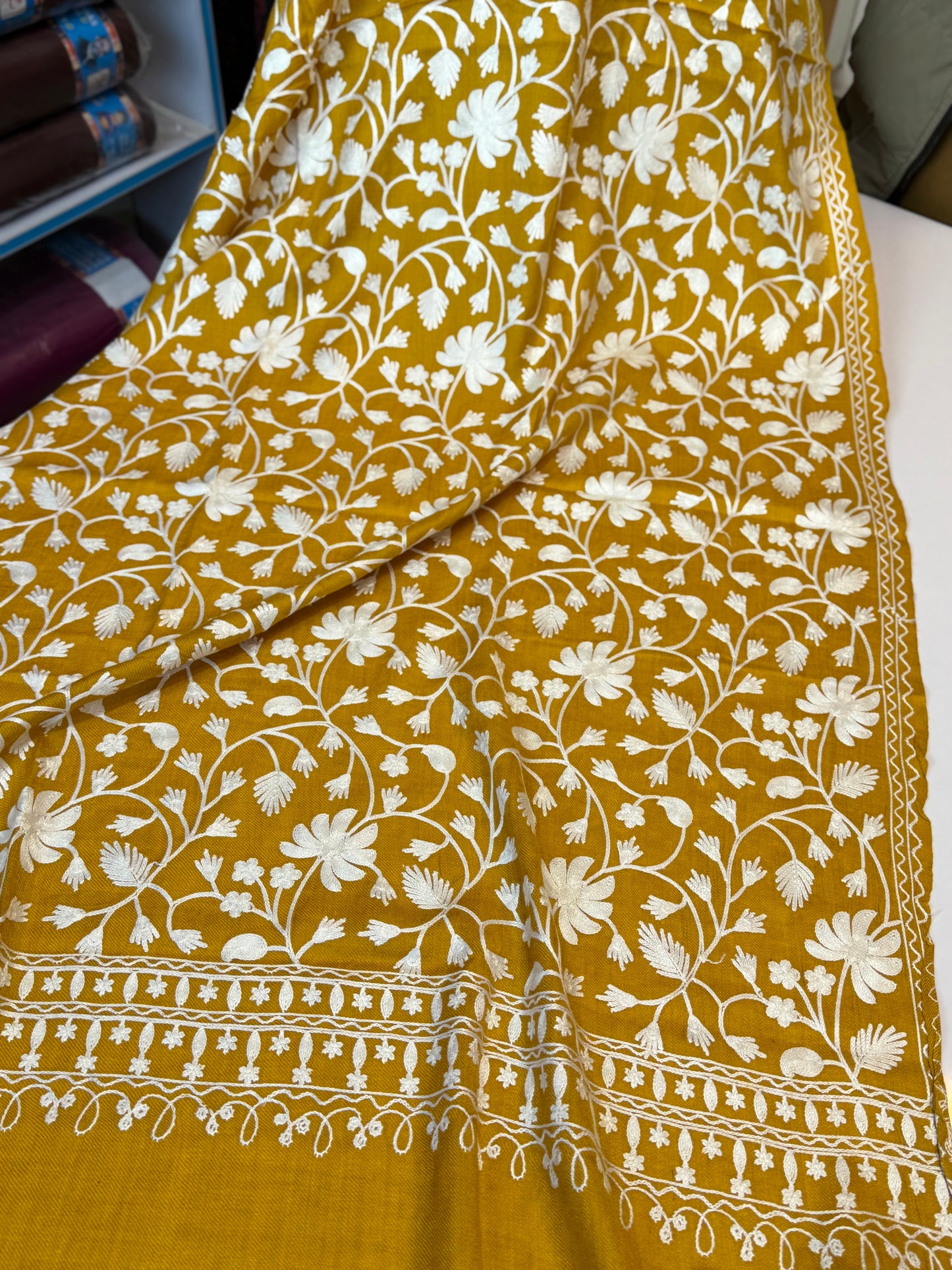 Mustard With White Pashmina Embroidered Shawl | Kashmiri Aar Work Embroidery