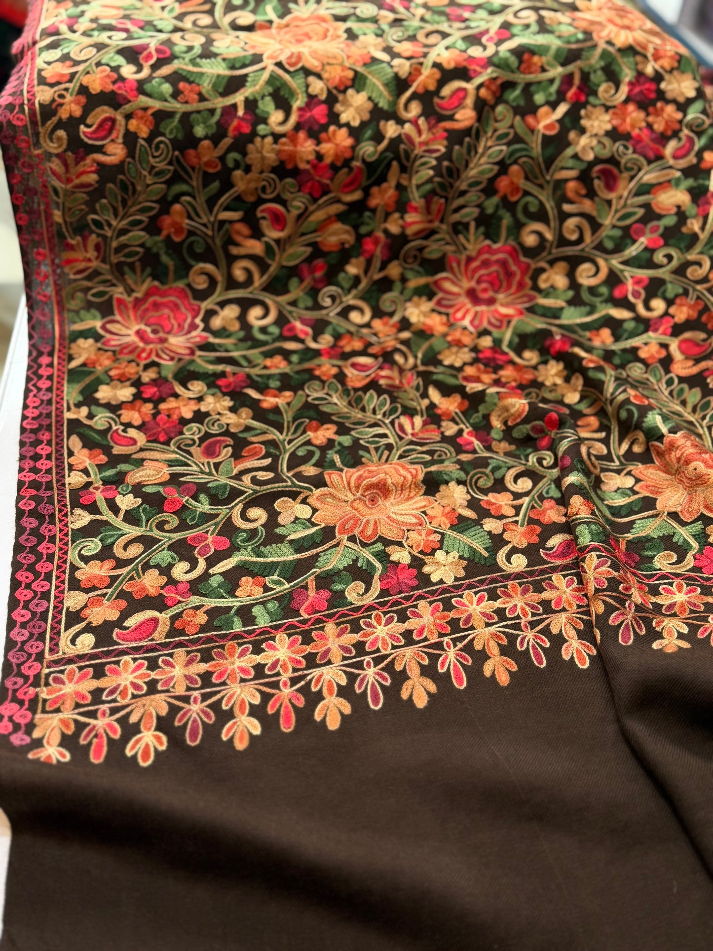 Pashmina Shawl Full Size | Kashmiri Embroidery | Dark Brown