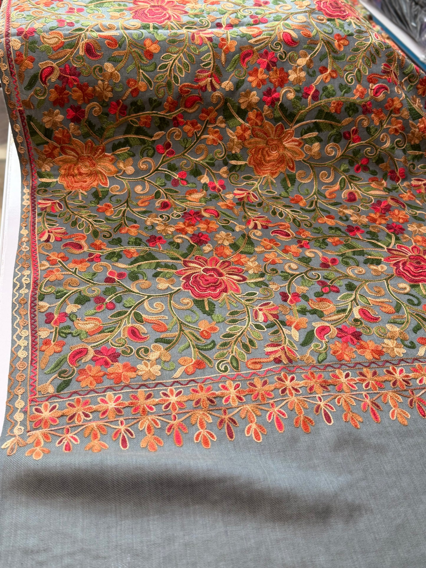 Pashmina Shawl Full Size | Kashmiri Embroidery | Grey