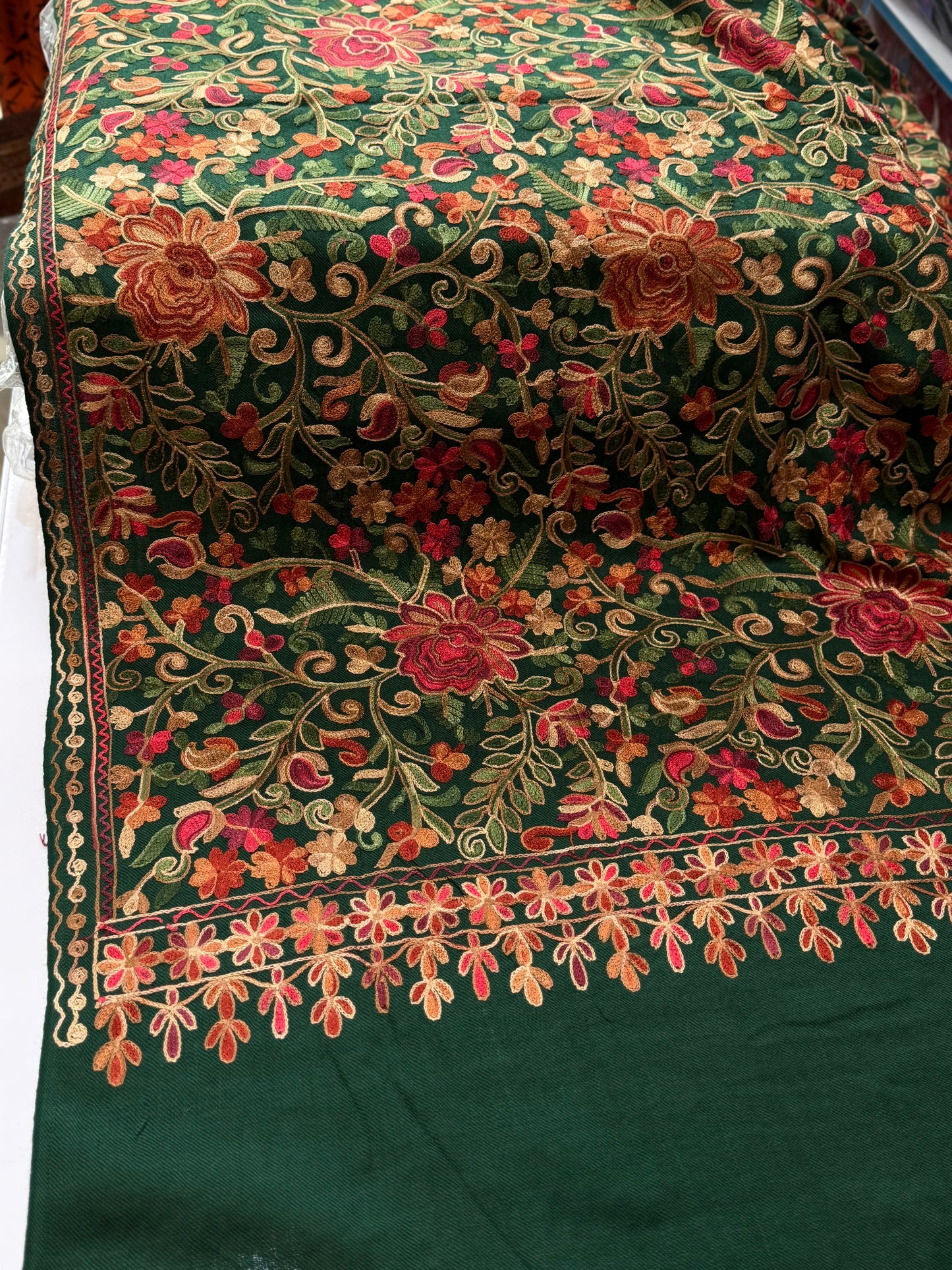 Pashmina Shawl Full Size | Kashmiri Embroidery | Dark Green
