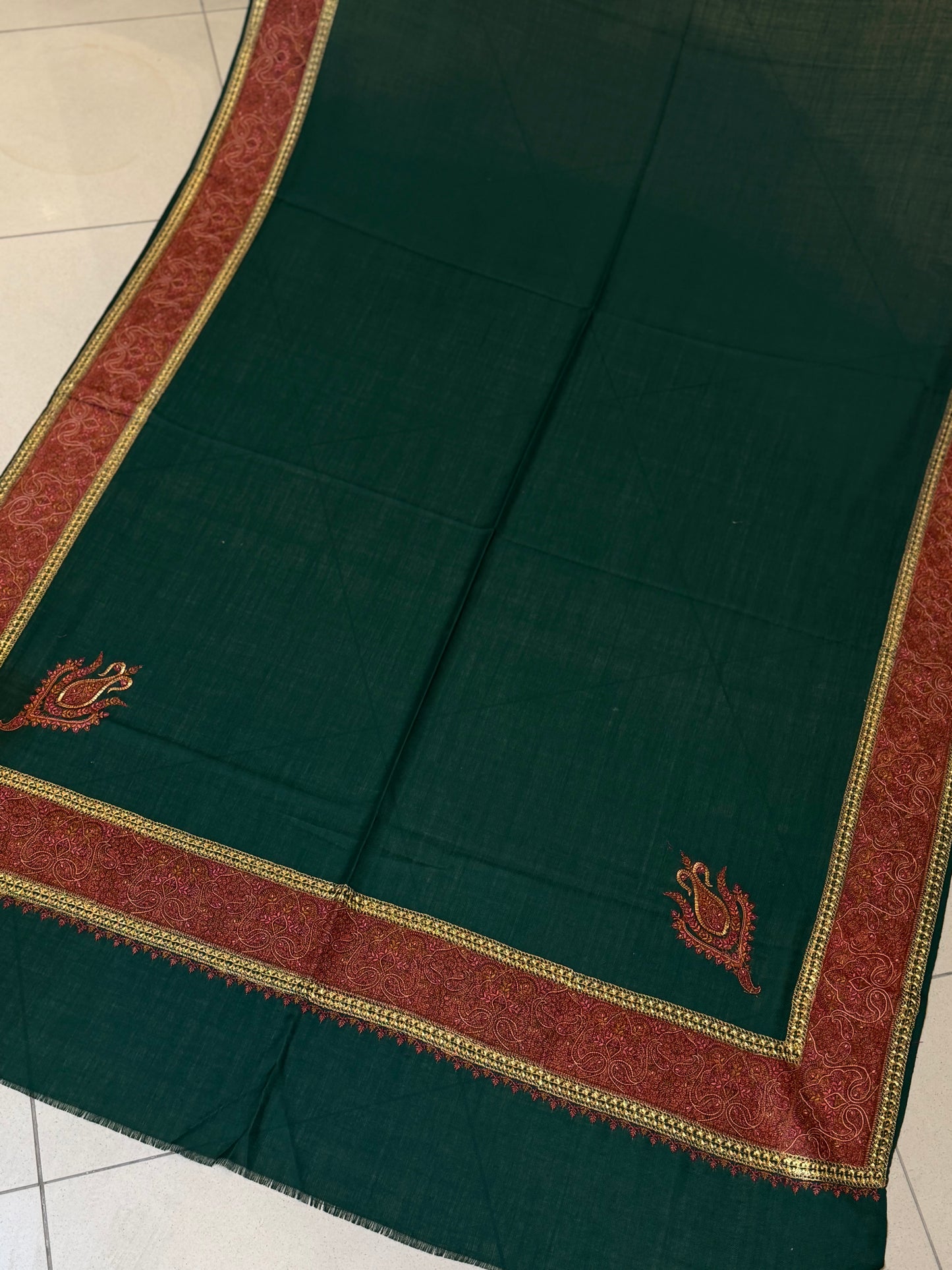 Kashmiri Shawl | Wide Border Papermache Tilla Embroidery Made in Kashmir Pure Pashmina | Skin Grey