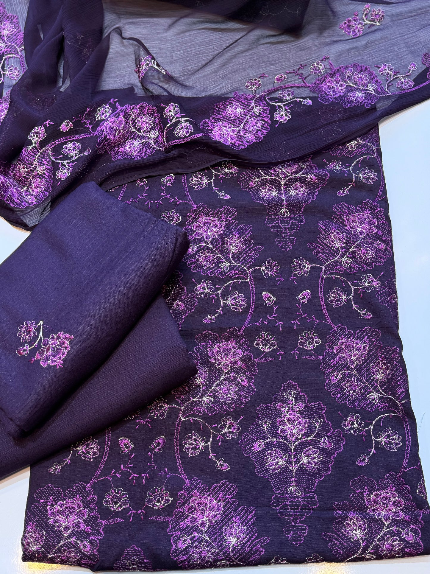 Karandi 3 Piece Embroidered Suit Crinkle Dupatta | Purple
